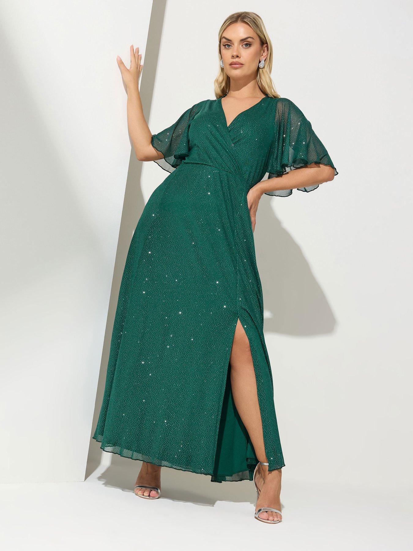 Yours Curve Glitter Wrap Mesh Maxi Dress - Green