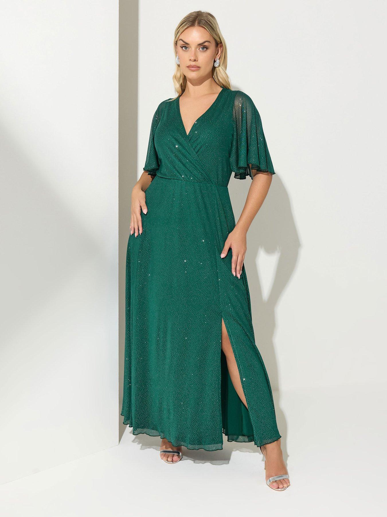 Image 3 of 4 of Yours Curve Glitter Wrap Mesh Maxi Dress - Green