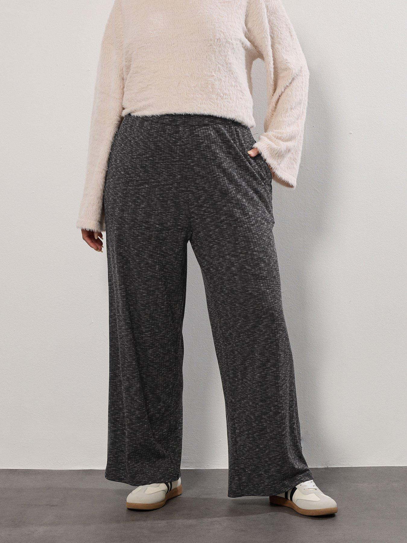 Yours Curve Ribbed Wide Leg Trouser - Grey