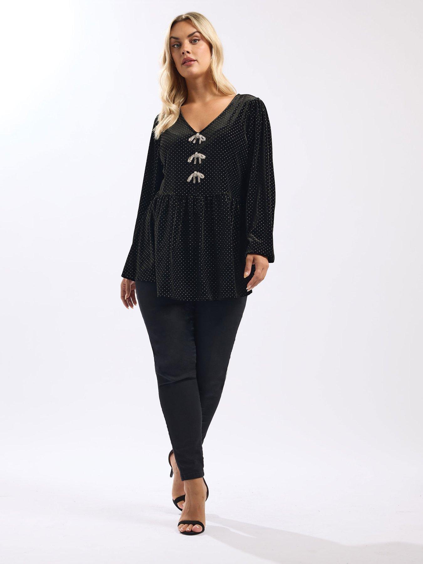 Image 3 of 4 of Yours Curve Velour Spot Bow Top - Black