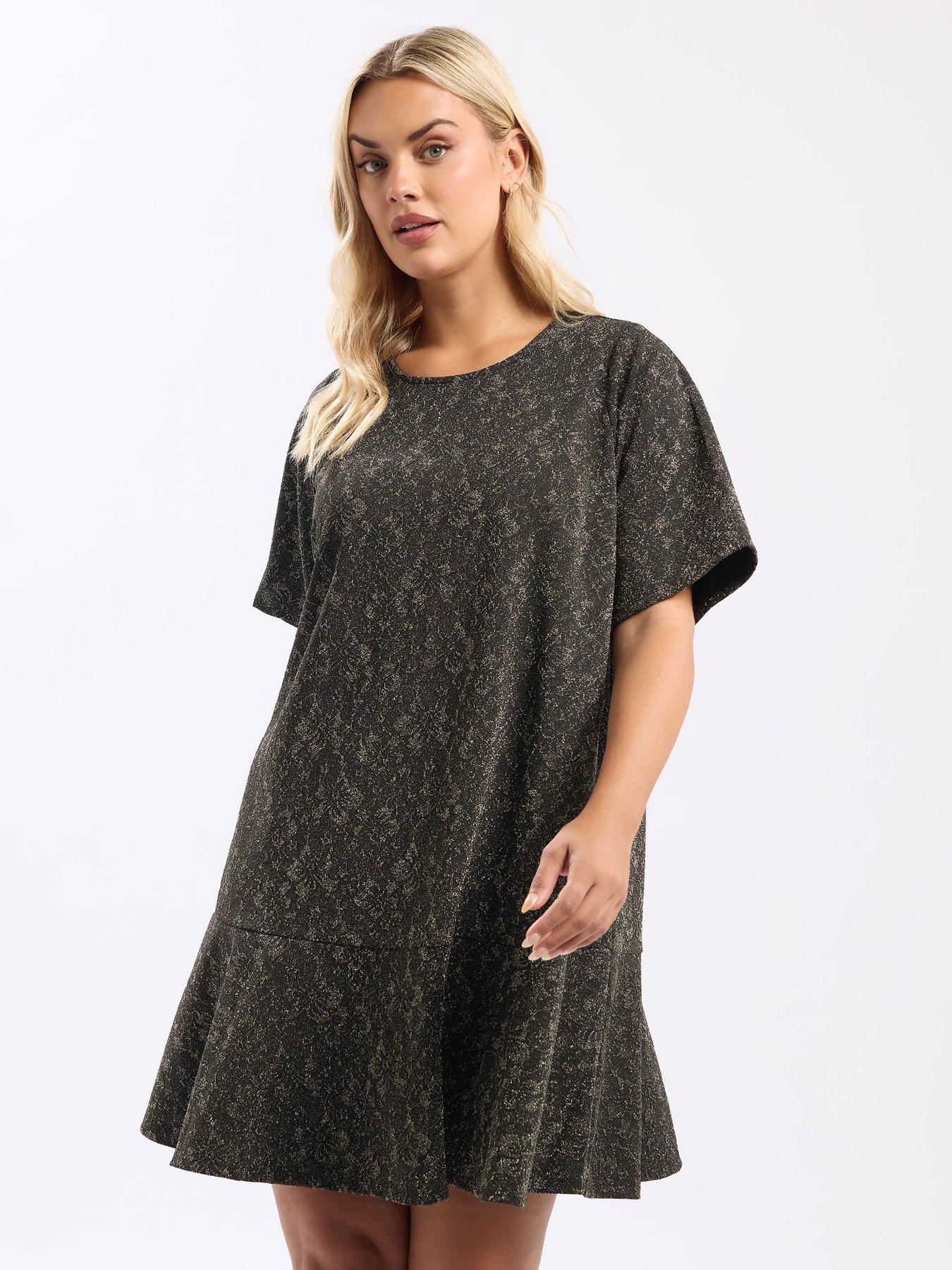 undefined Curve Short Sleeve Circle Cut Jacquard Dress - Gold