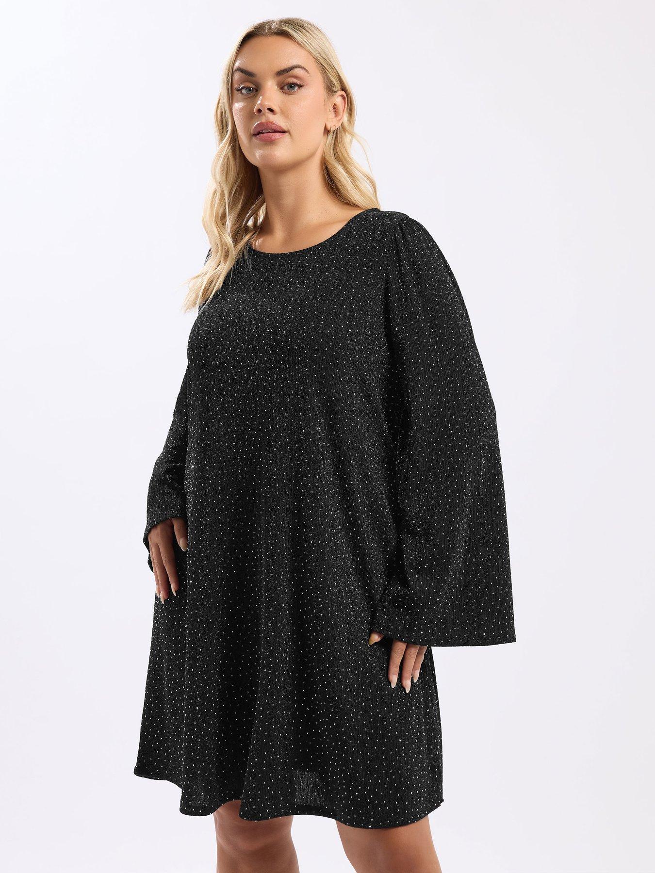 undefined Curve Flute Sleeve Sparkle Swing Dress - Black