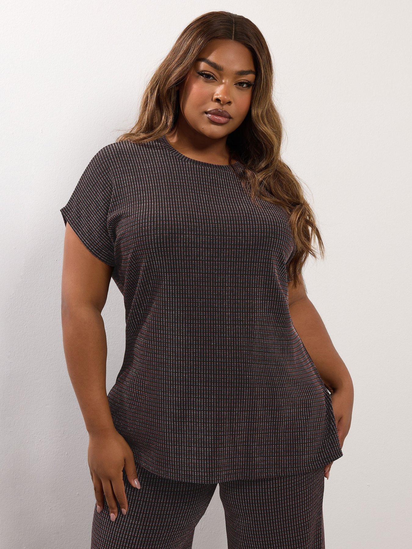 Yours Curve Stripe Grown On T-Shirt - Black