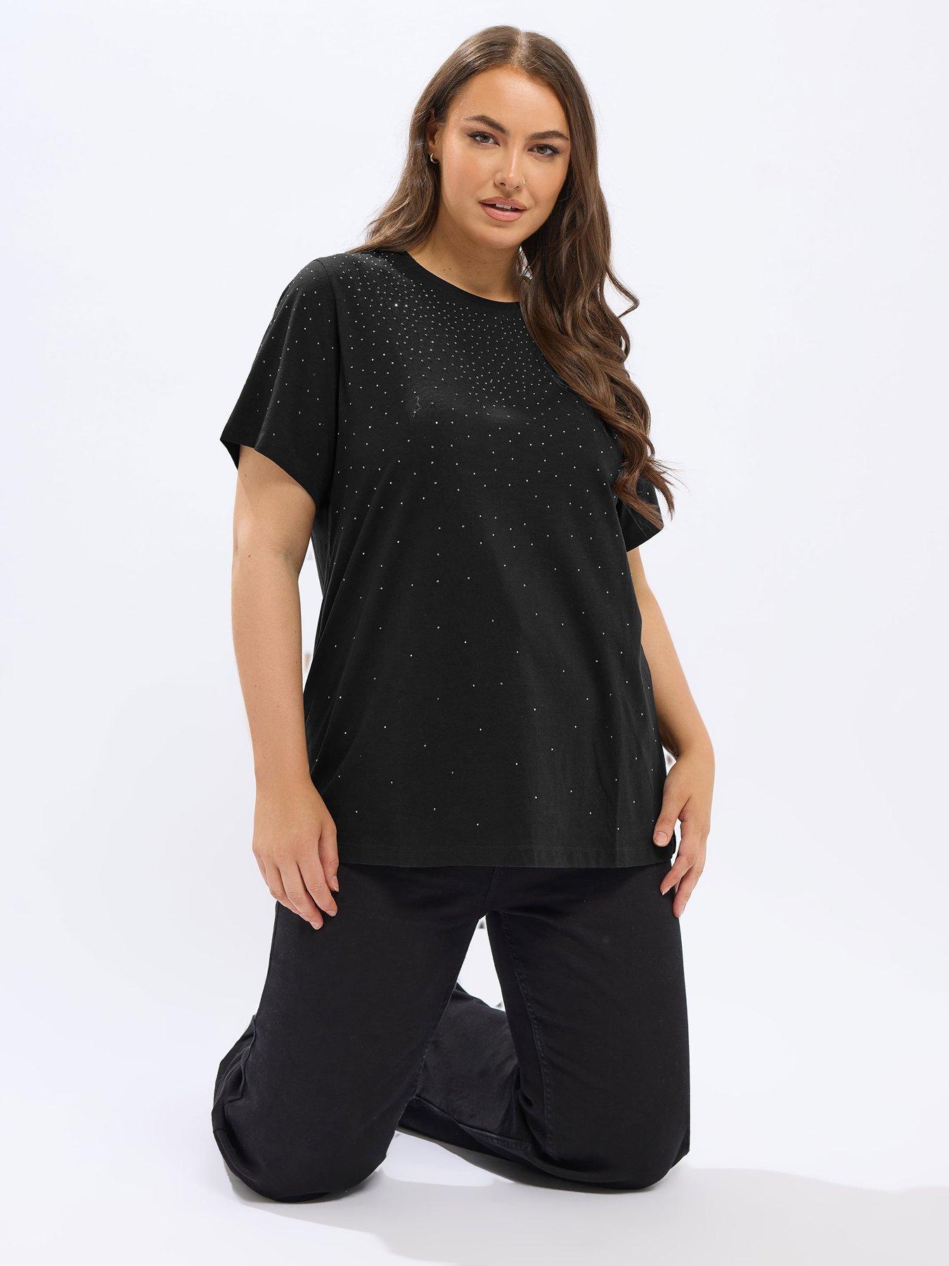 Yours Curve Diamante Set In Sleeve T-Shirt - Grey
