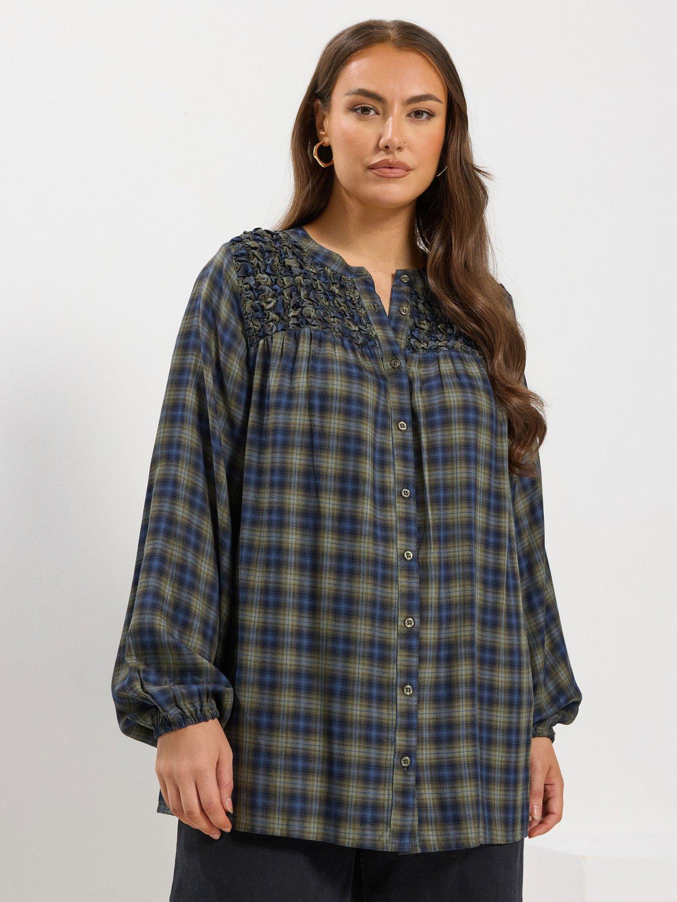 Image 1 of 4 of Yours Curve Shirred Panel Check Blouse - Green