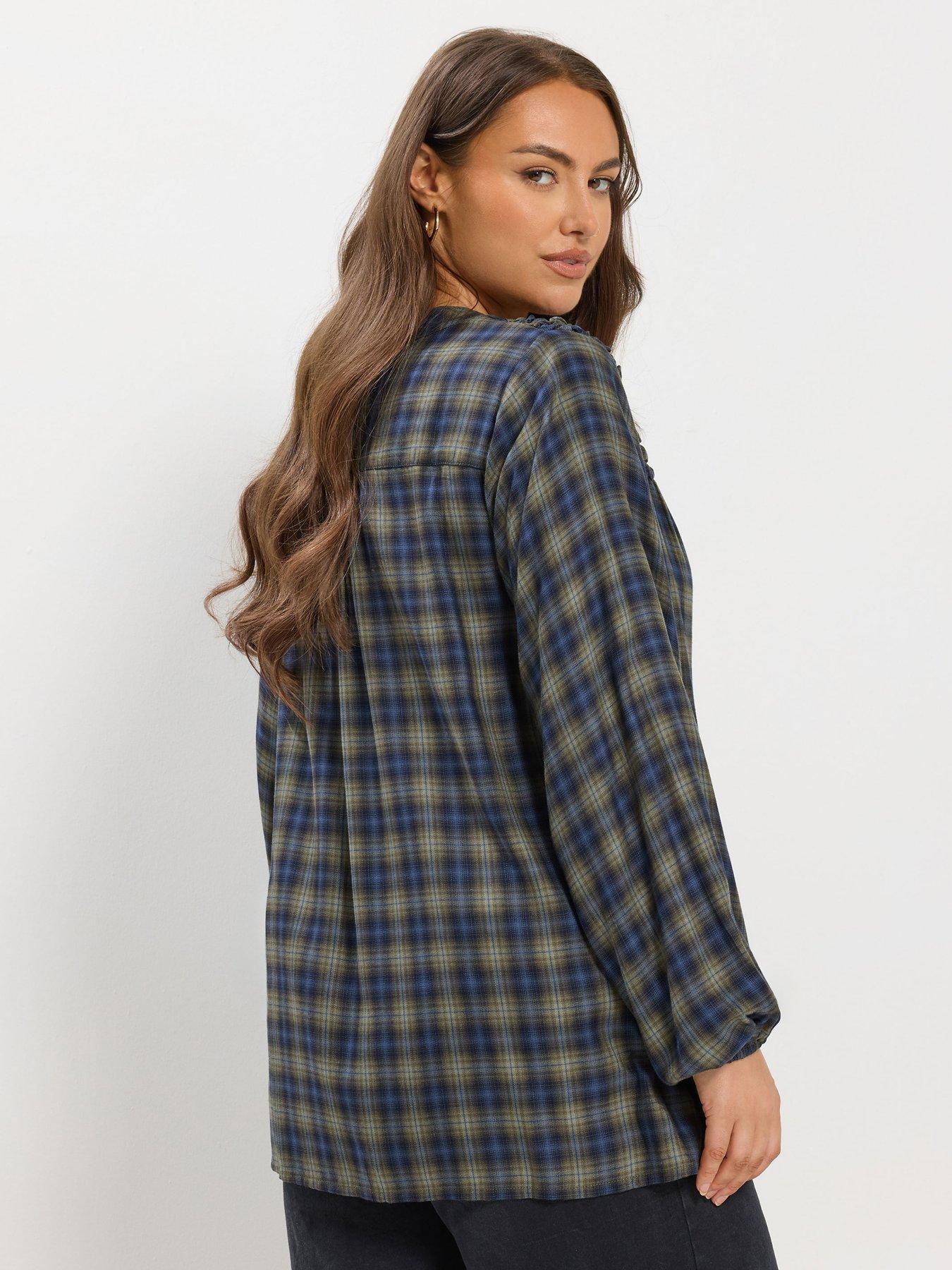 Image 2 of 4 of Yours Curve Shirred Panel Check Blouse - Green
