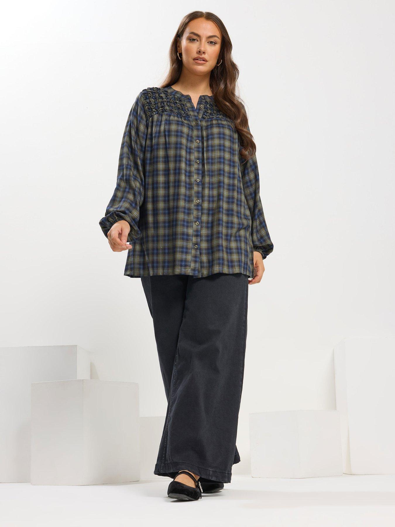 Image 3 of 4 of Yours Curve Shirred Panel Check Blouse - Green
