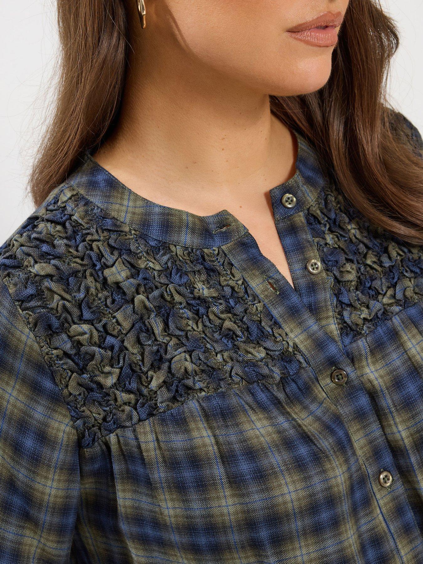 Image 4 of 4 of Yours Curve Shirred Panel Check Blouse - Green