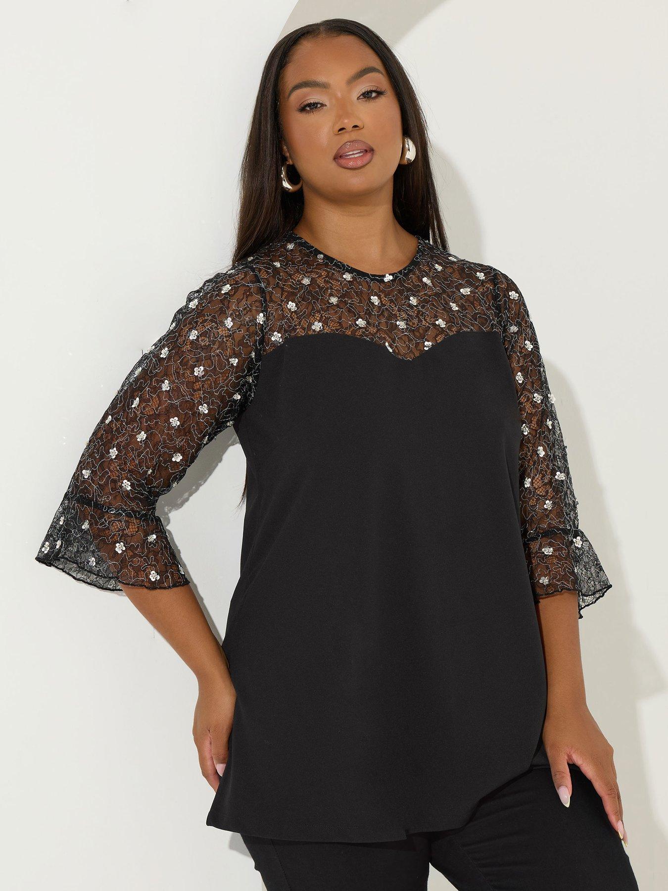 Yours Curve 3D Floral Top - Black