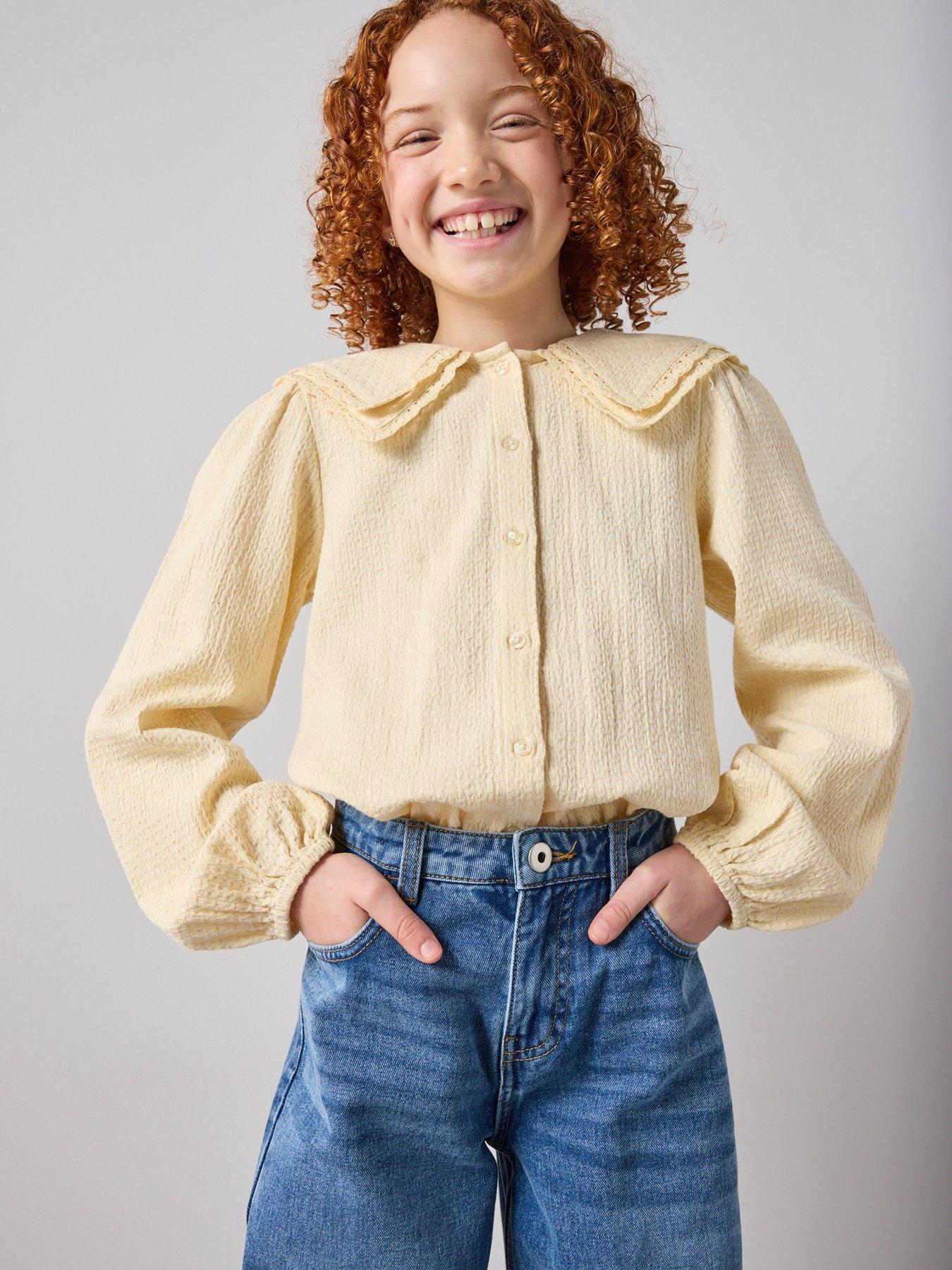 Image 1 of 7 of The Very Collection Girls Textured Double Collar Long Sleeve Shirt - Lemon