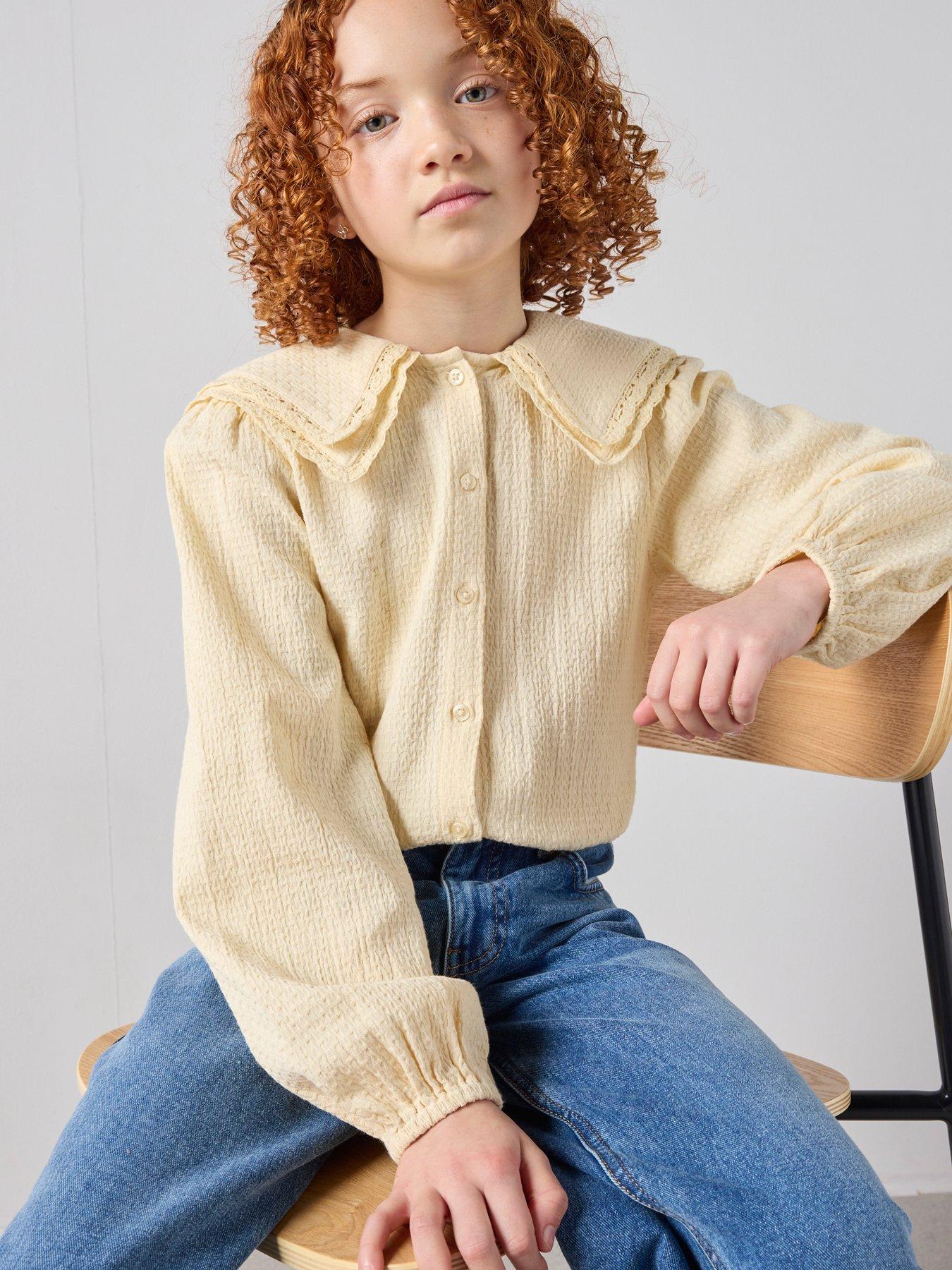Image 4 of 7 of The Very Collection Girls Textured Double Collar Long Sleeve Shirt - Lemon