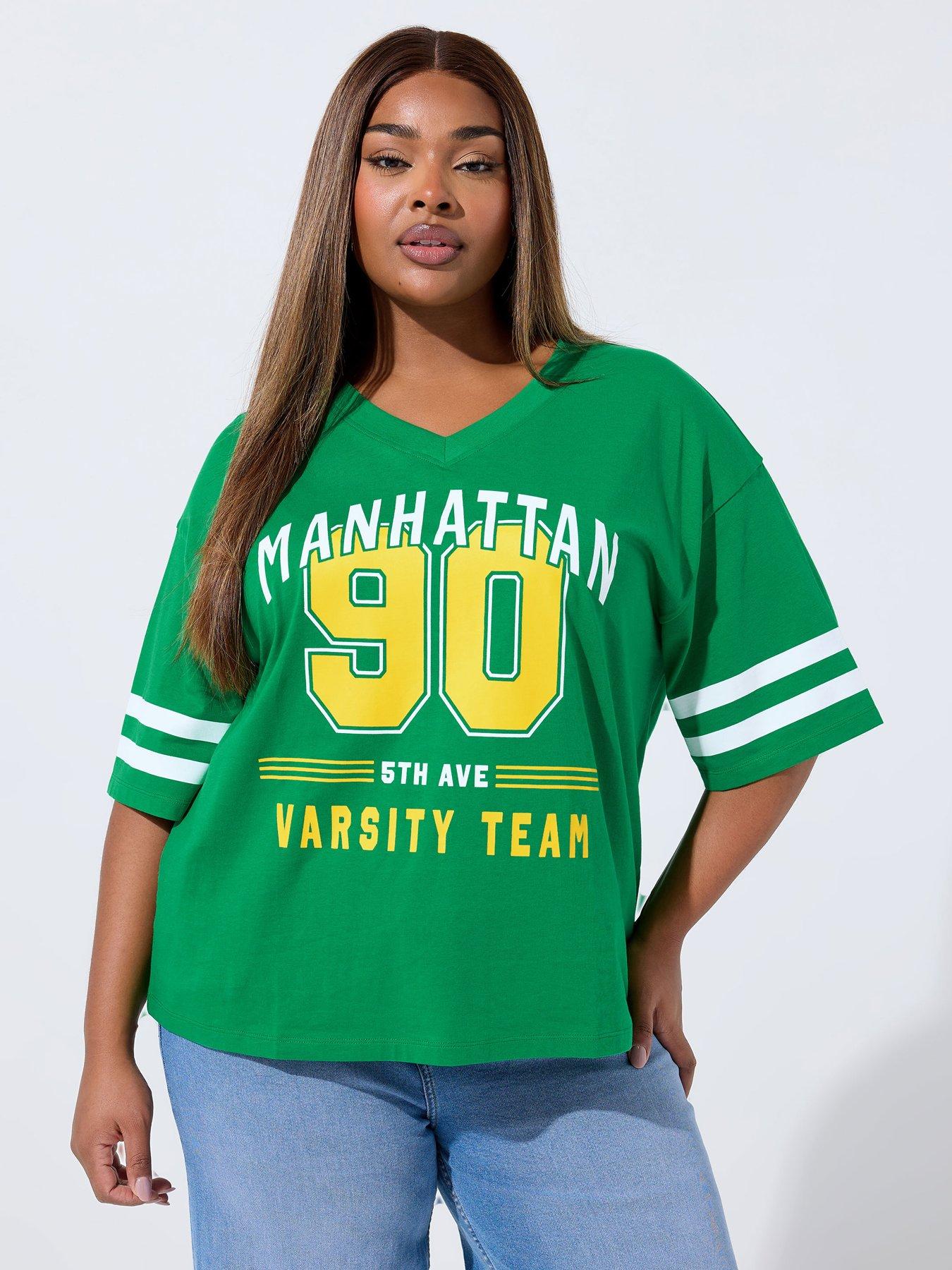 Image 1 of 4 of Yours Curve V Neck Varsity 90 Sport T-Shirt - Green