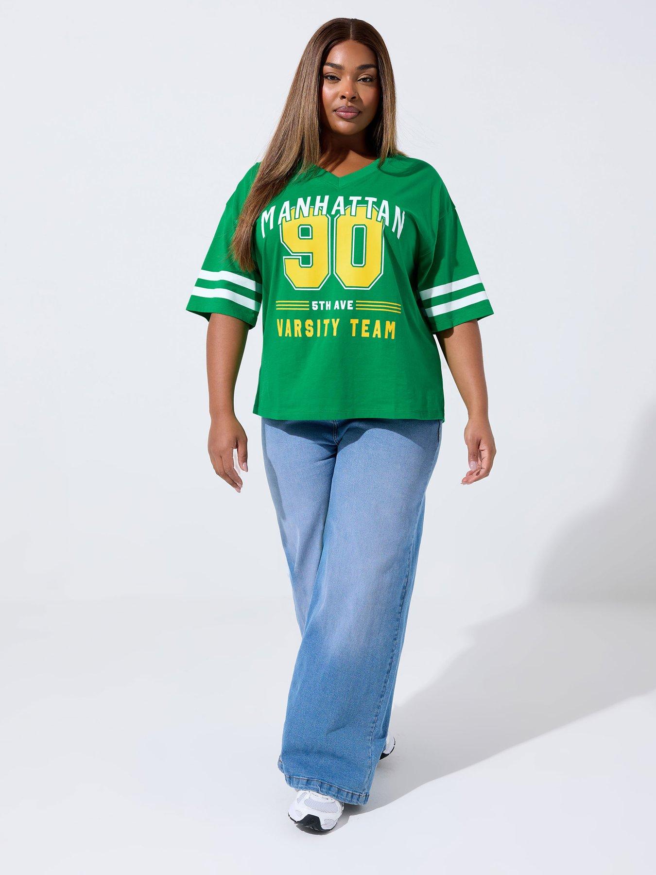 Image 3 of 4 of Yours Curve V Neck Varsity 90 Sport T-Shirt - Green