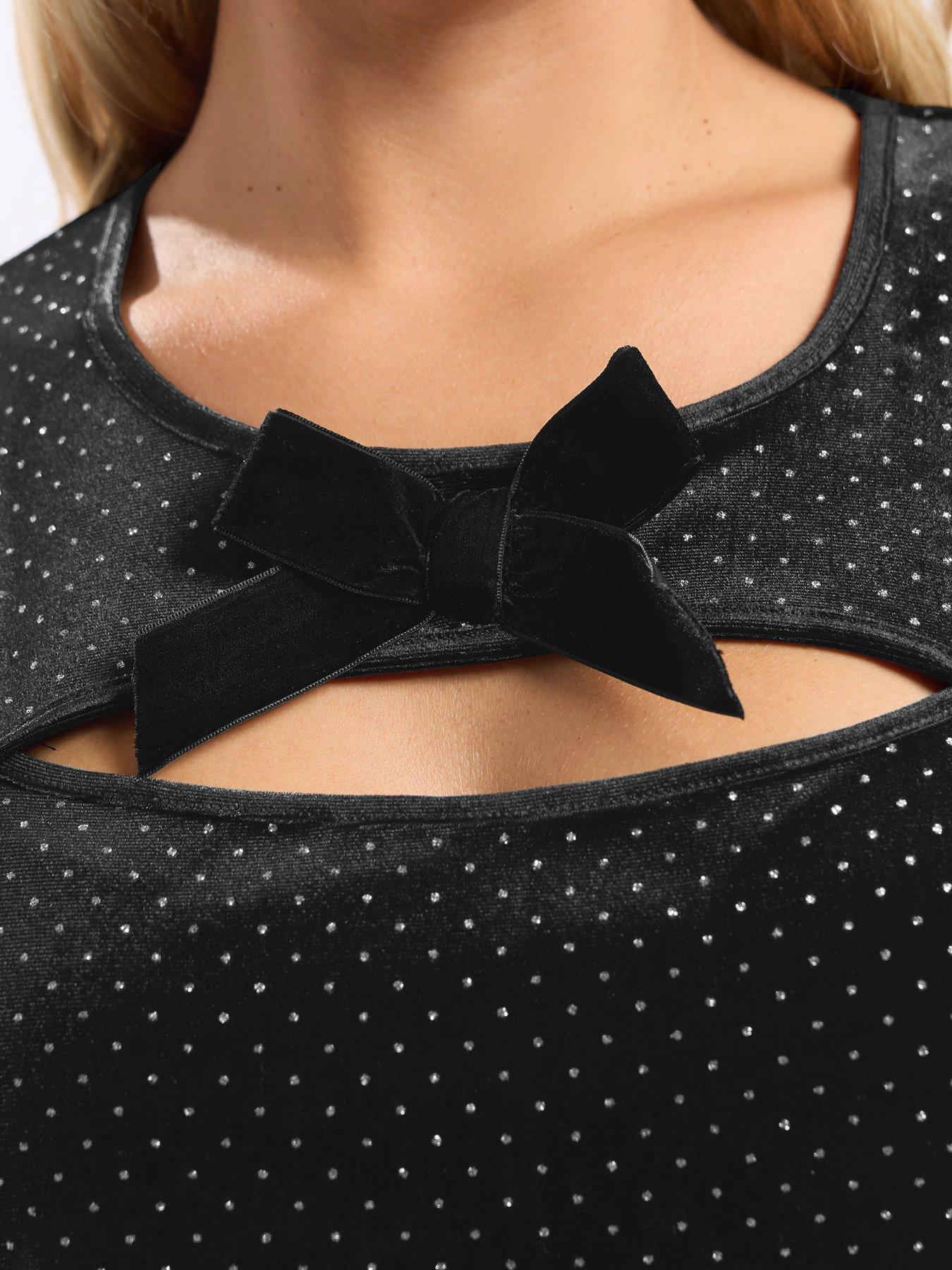 Image 4 of 4 of Yours Curve Bow Glitter Spot Dress - Black