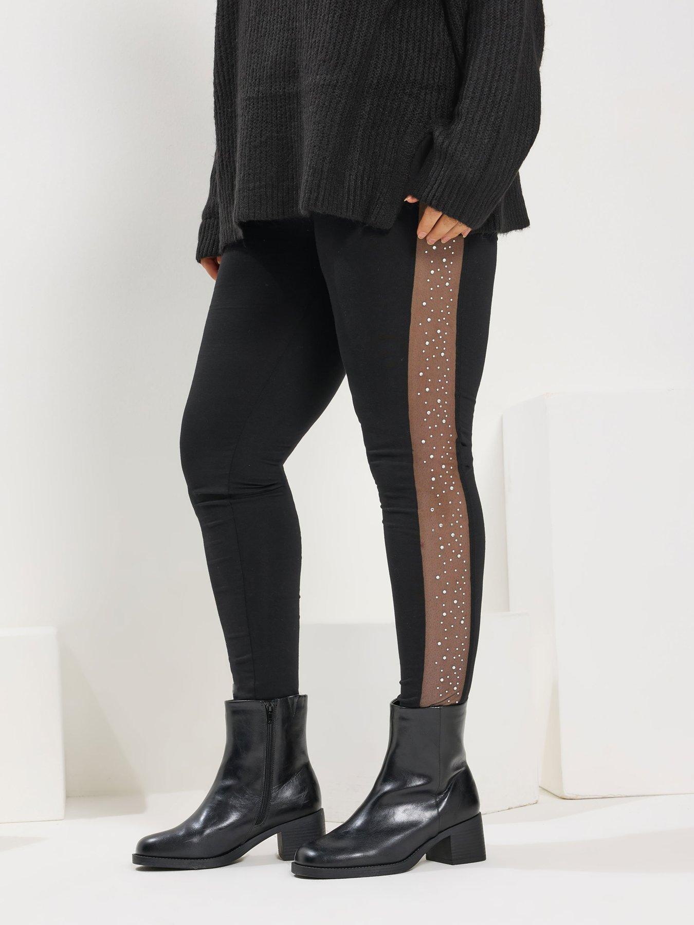 Yours Curve Diamante Mesh Side Stripe Legging - Black