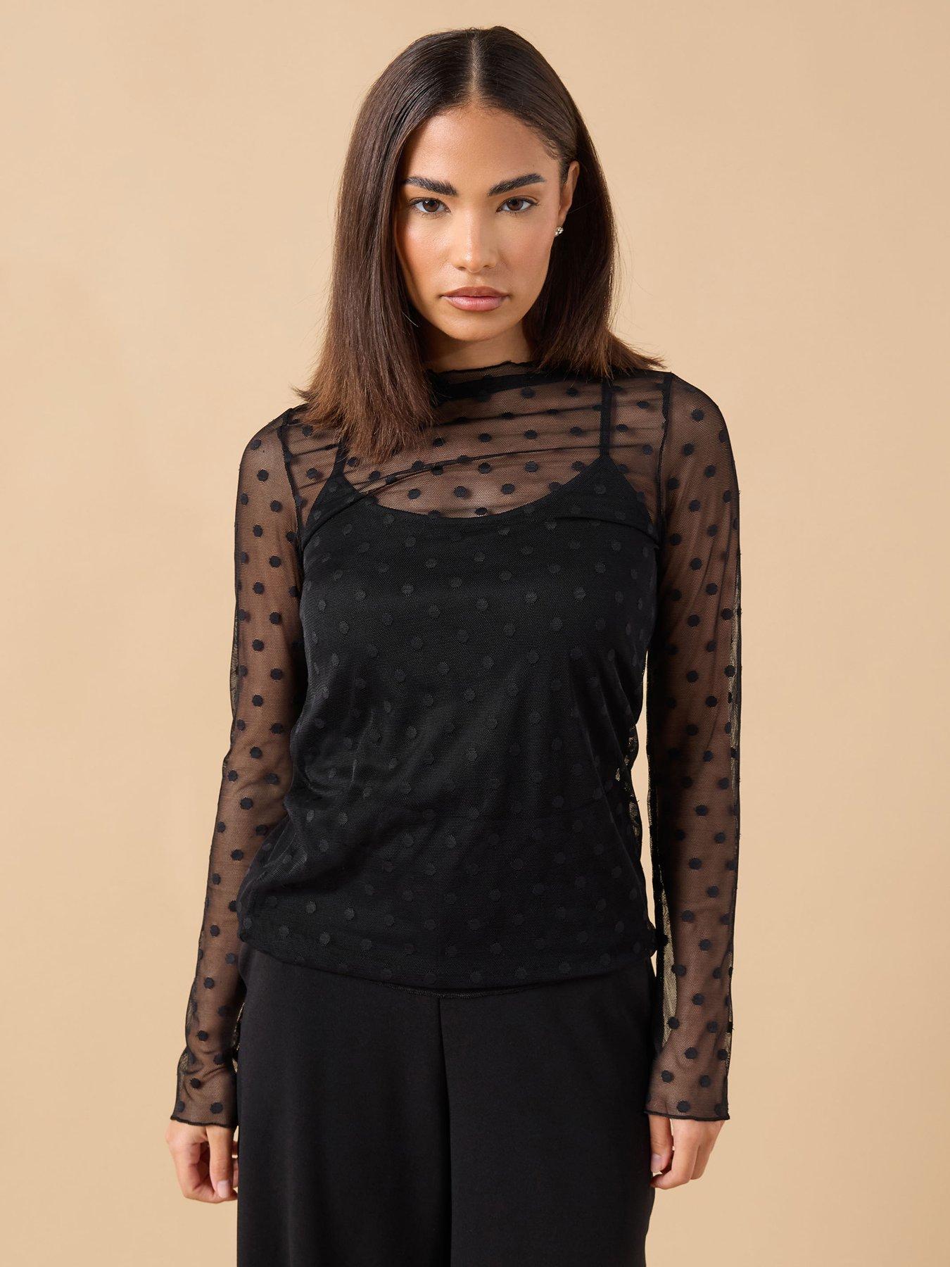 PixieGirl Petite Spot Mesh Long Sleeve Top - Black