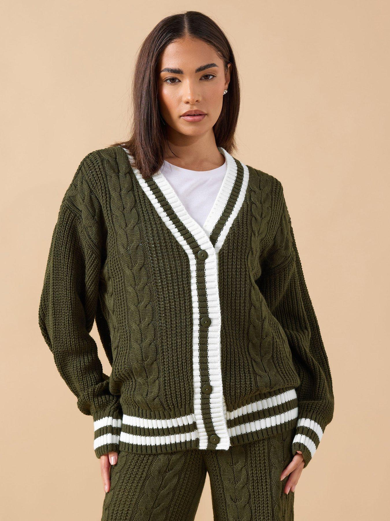 Image 1 of 4 of PixieGirl Petite Cable Tipped Boyfriend Cardigan - Green