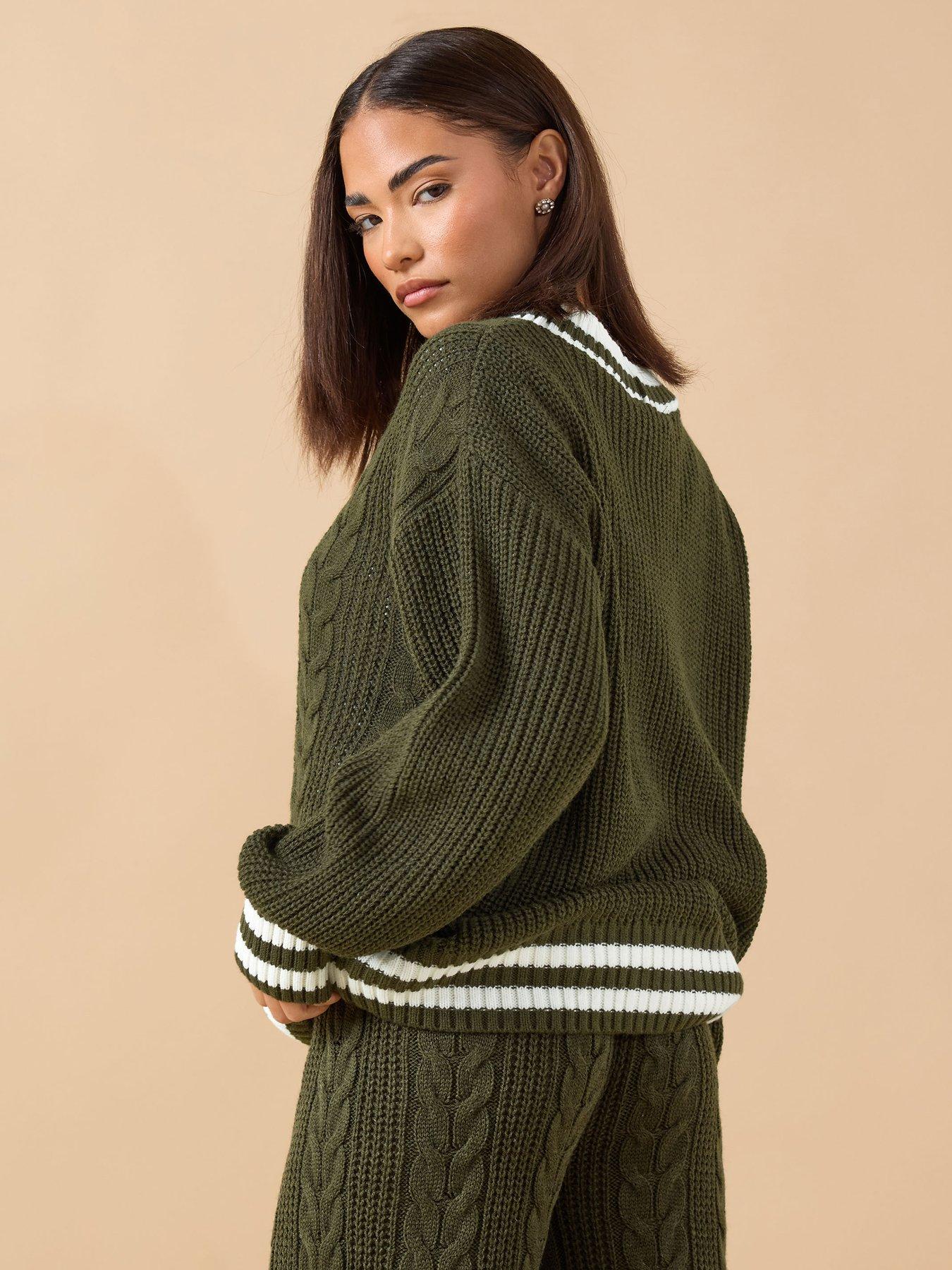 Image 2 of 4 of PixieGirl Petite Cable Tipped Boyfriend Cardigan - Green