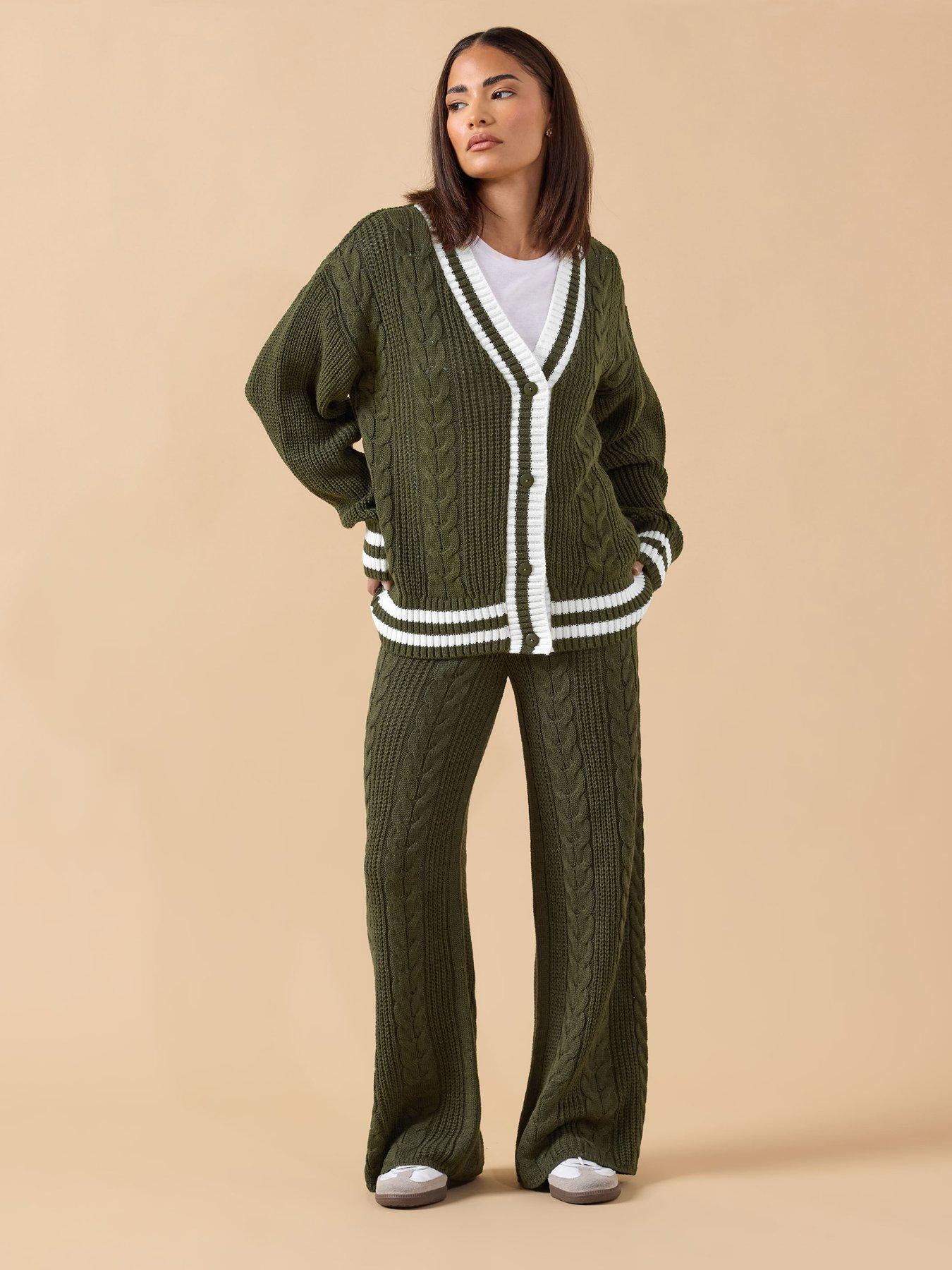 Image 3 of 4 of PixieGirl Petite Cable Tipped Boyfriend Cardigan - Green