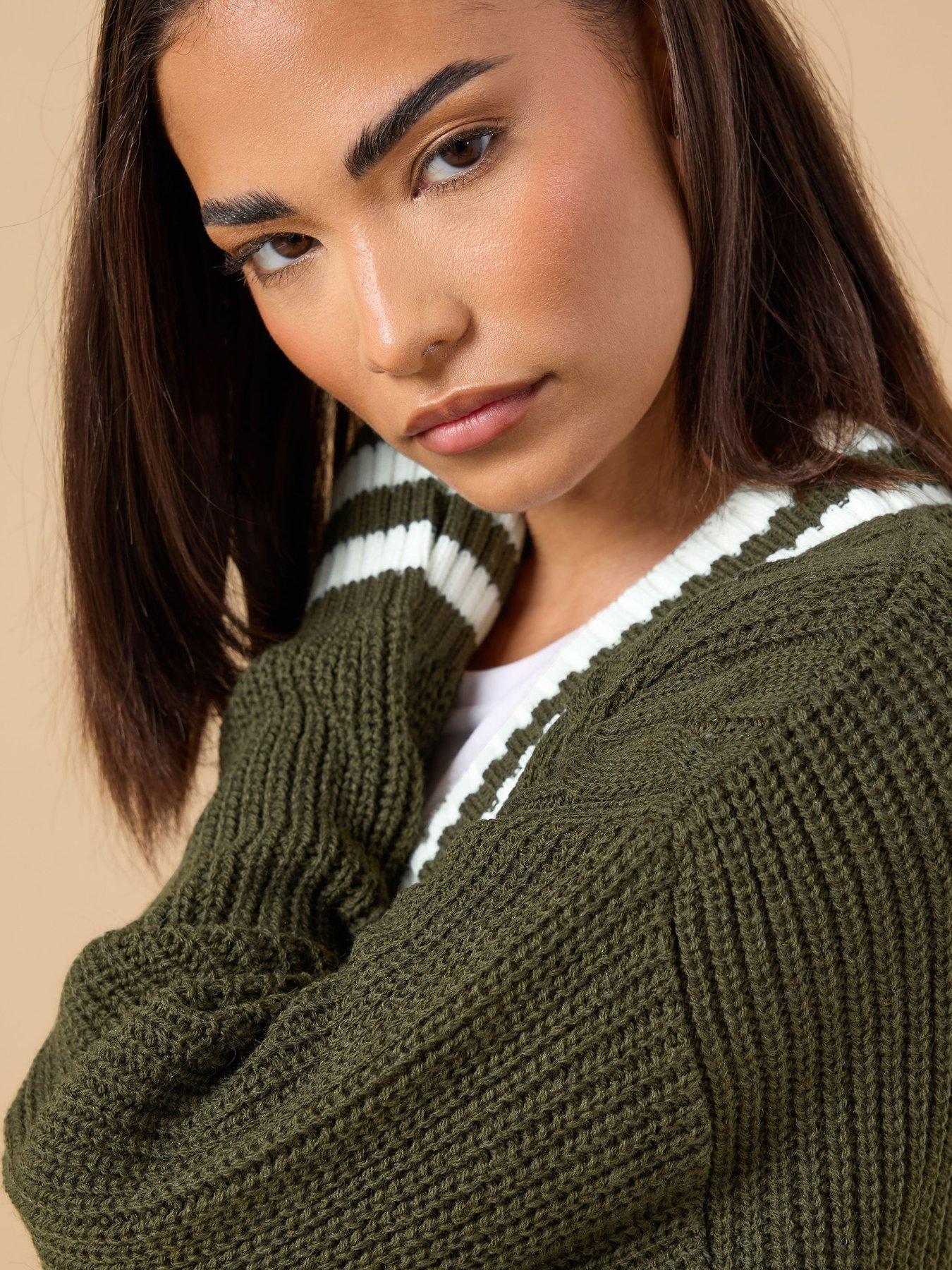 Image 4 of 4 of PixieGirl Petite Cable Tipped Boyfriend Cardigan - Green