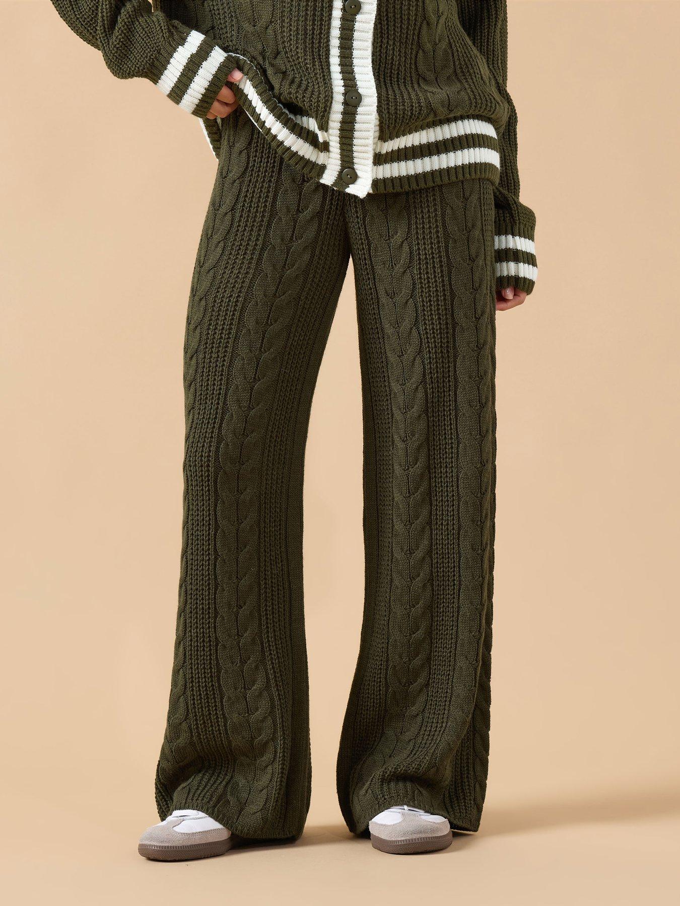 PixieGirl Petite Cable Wide Leg Trouser - Green