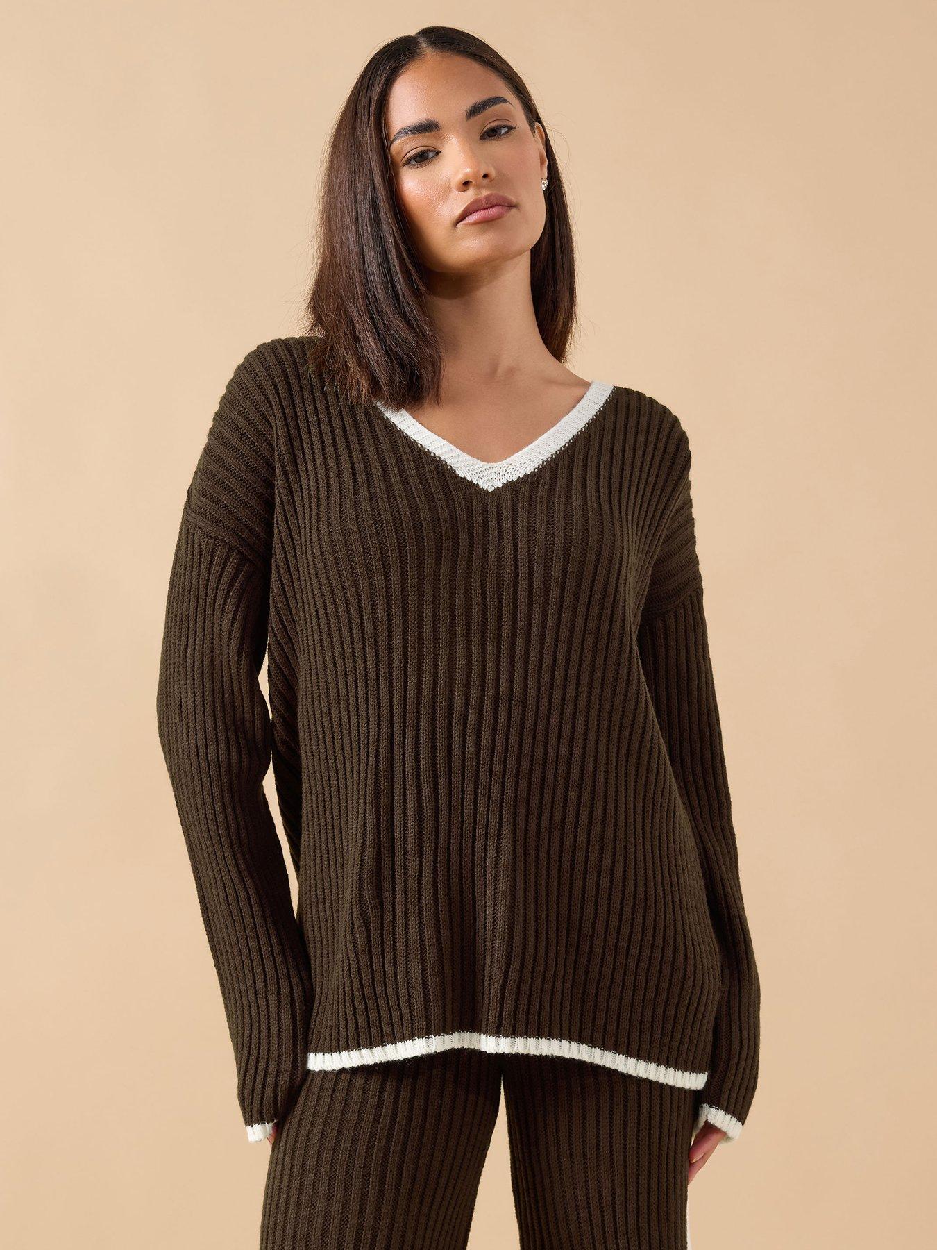  image of pixiegirl-petite-tipped-v-neck-jumper-brown