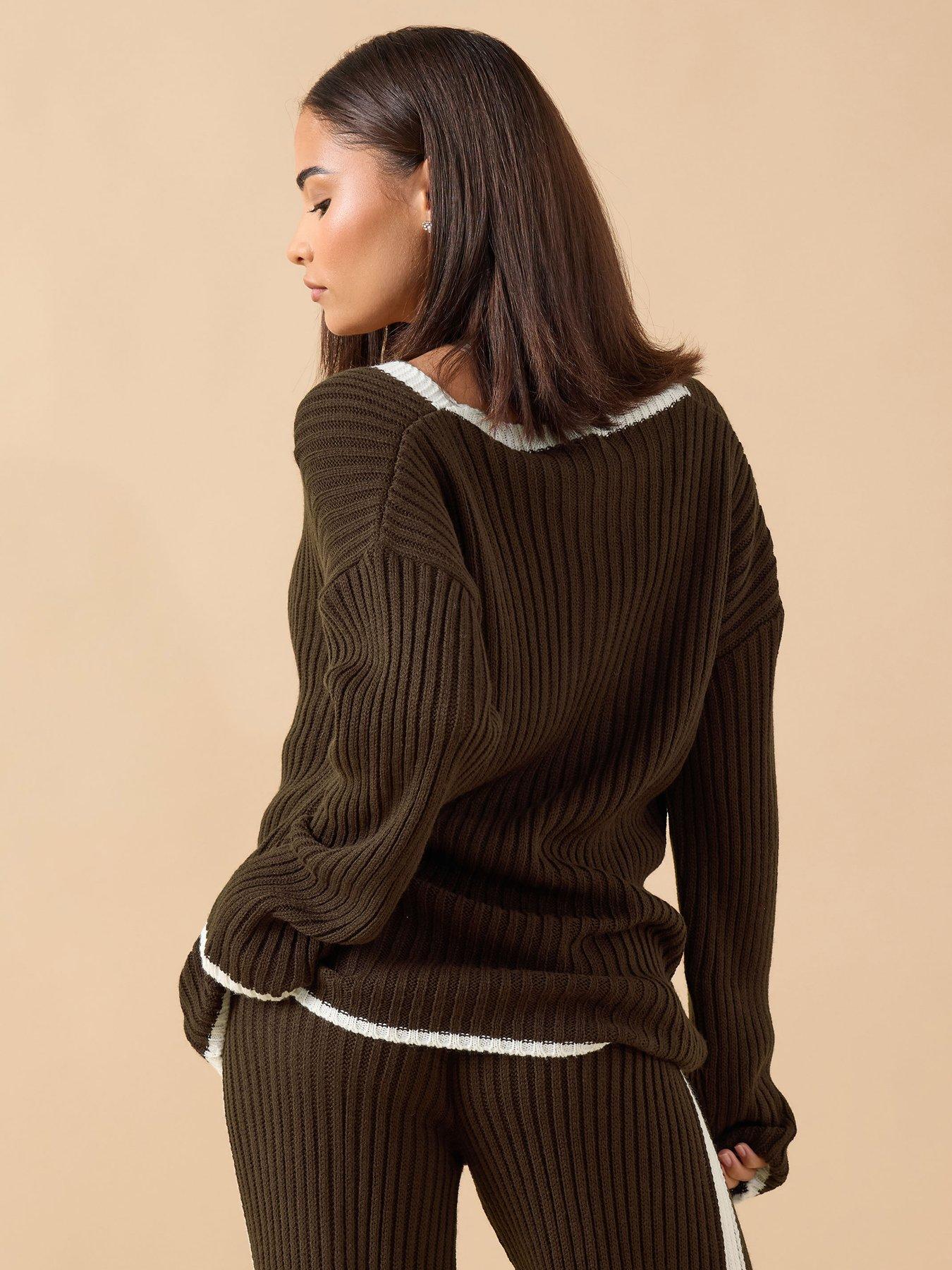  image of pixiegirl-petite-tipped-v-neck-jumper-brown