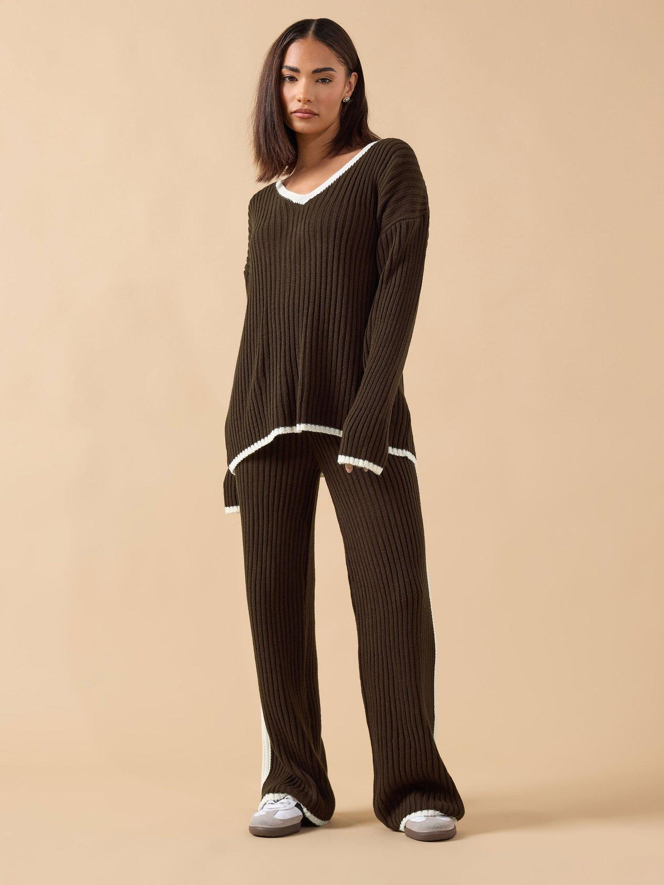  image of pixiegirl-petite-tipped-v-neck-jumper-brown