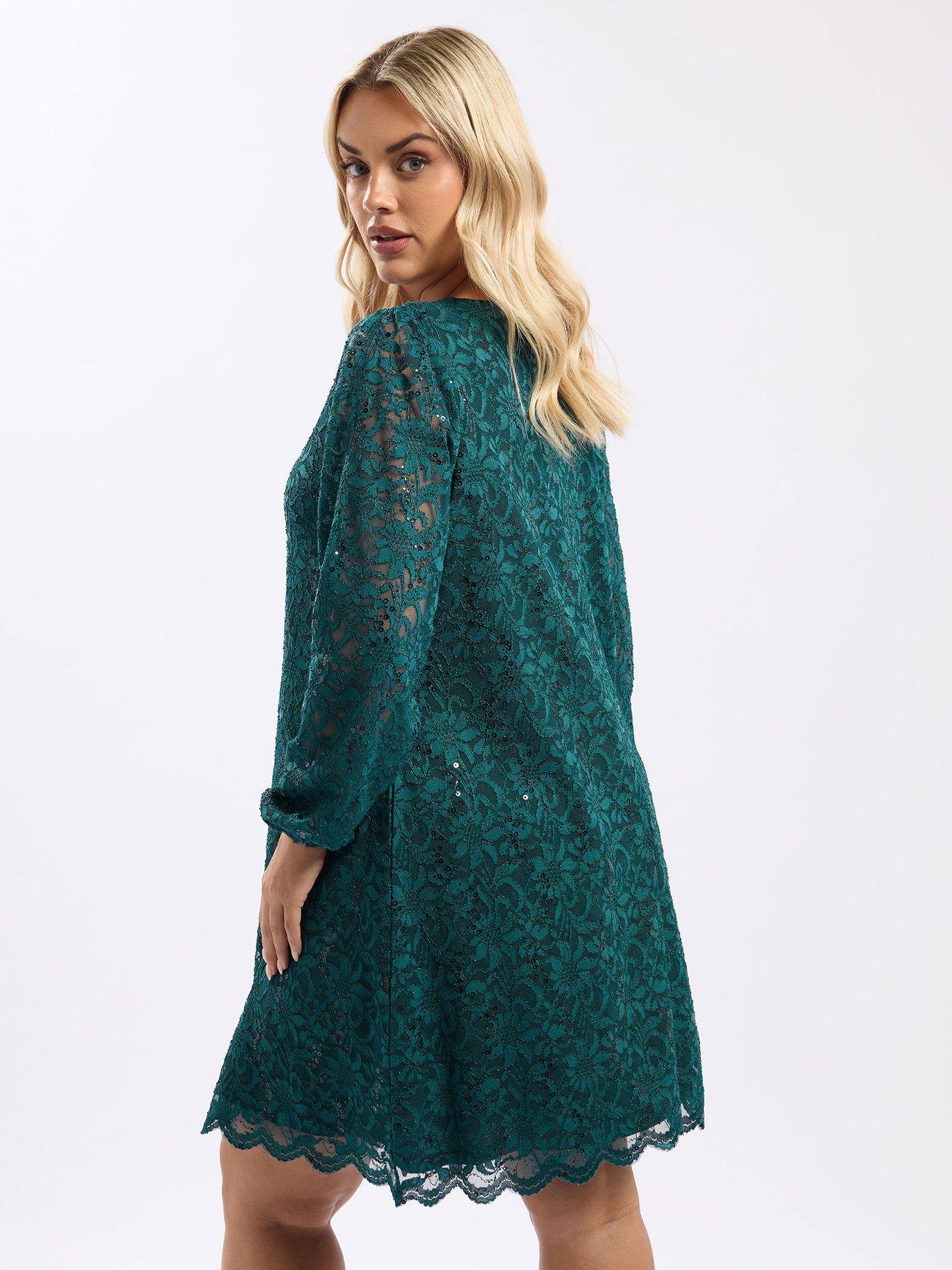 Image 2 of 4 of Yours Curve Long Sleeve Lace Dress - Blue