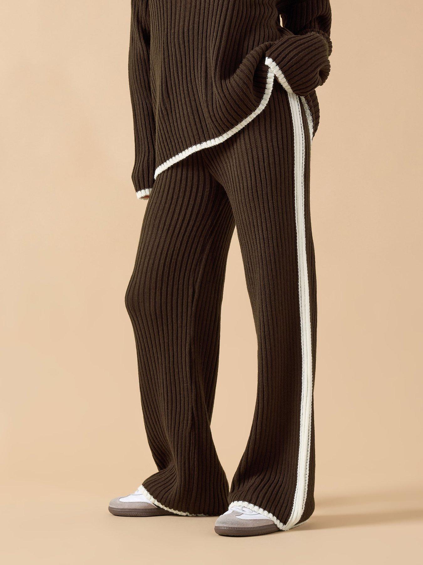 PixieGirl Petite Side Stripe Knitted Wide Leg Trouser - Brown