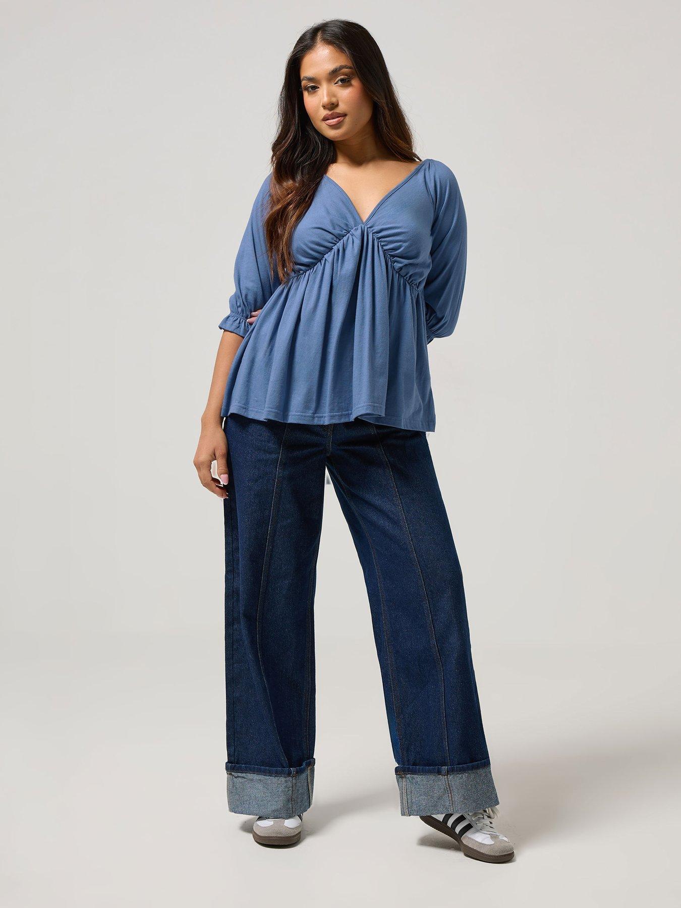  image of pixiegirl-petite-half-sleeve-smock-top-blue