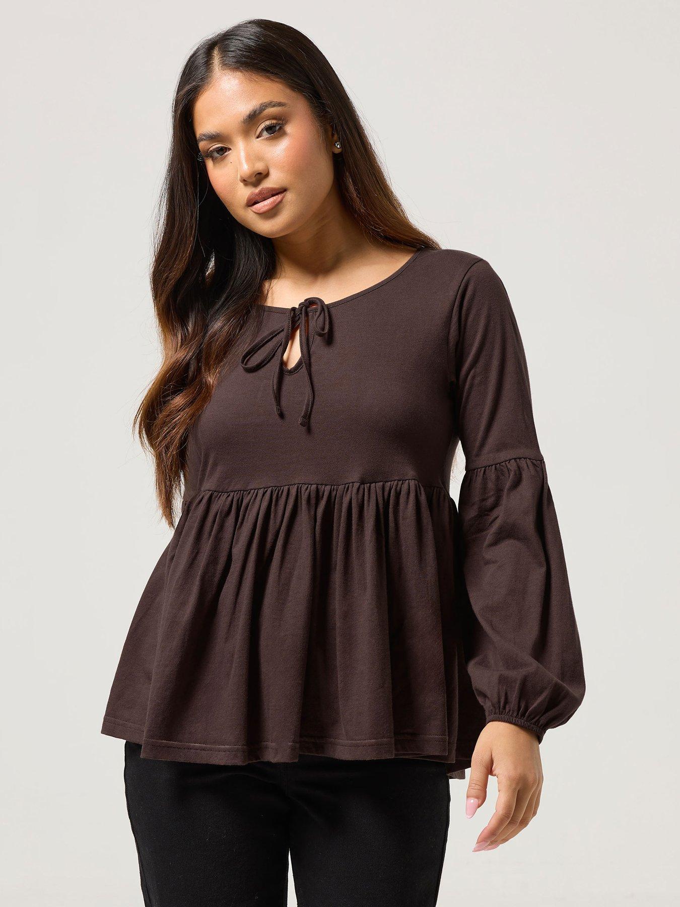 PixieGirl Petite Front Smock Top - Brown