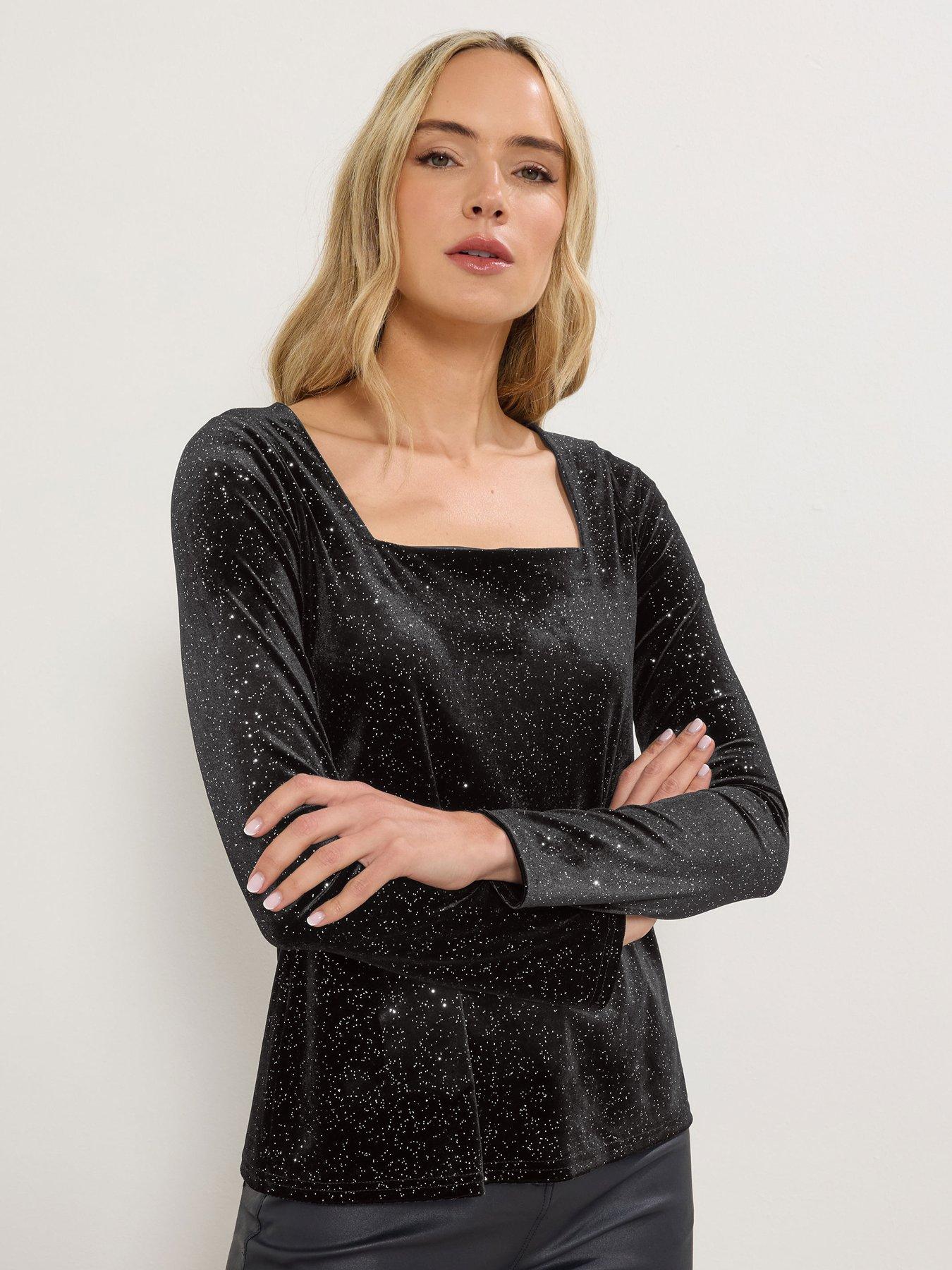 undefined Long Sleeve Glitter Velvet Top - Black