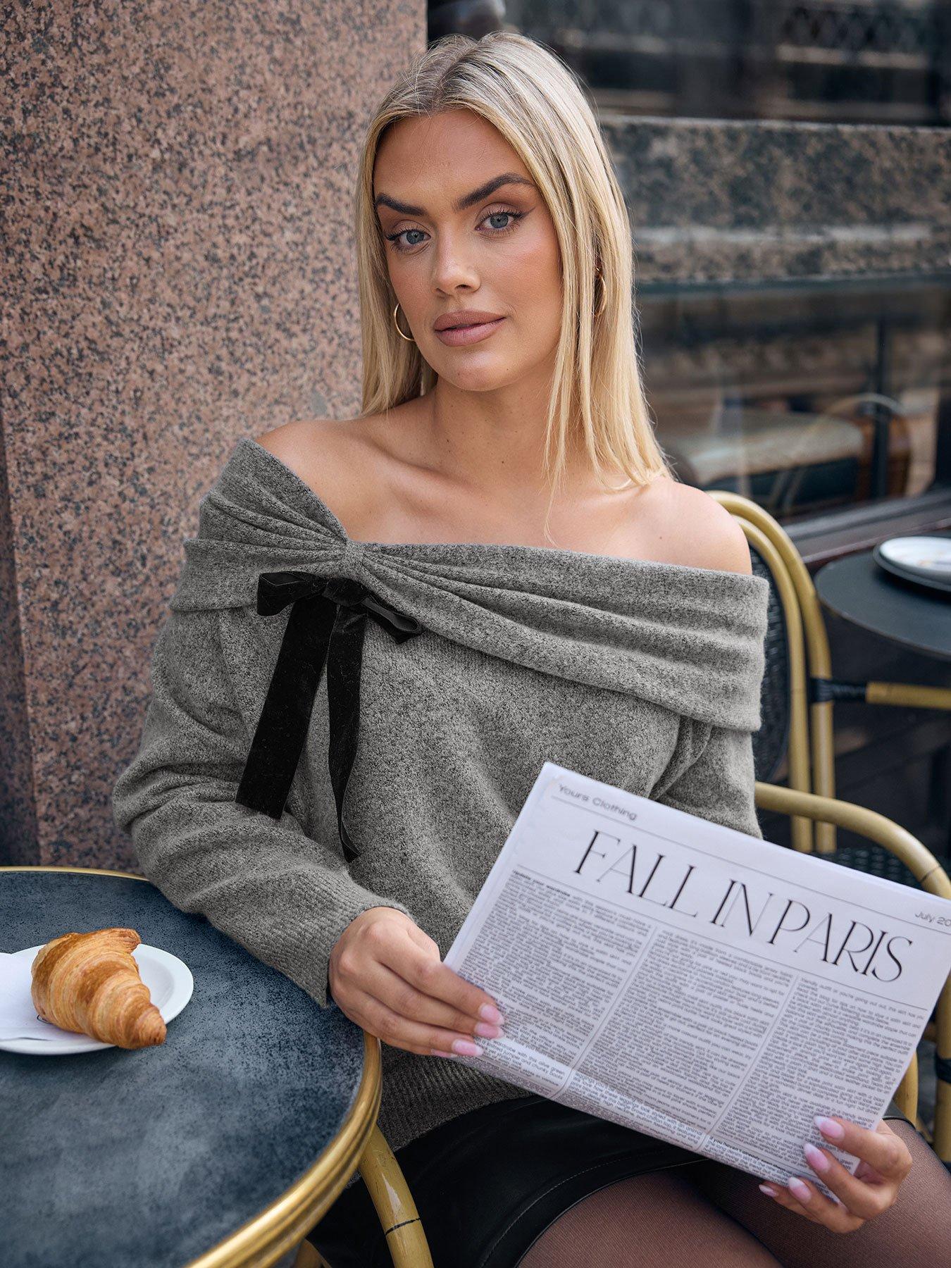 Yours Curve Bardot Bow Jumper - Grey