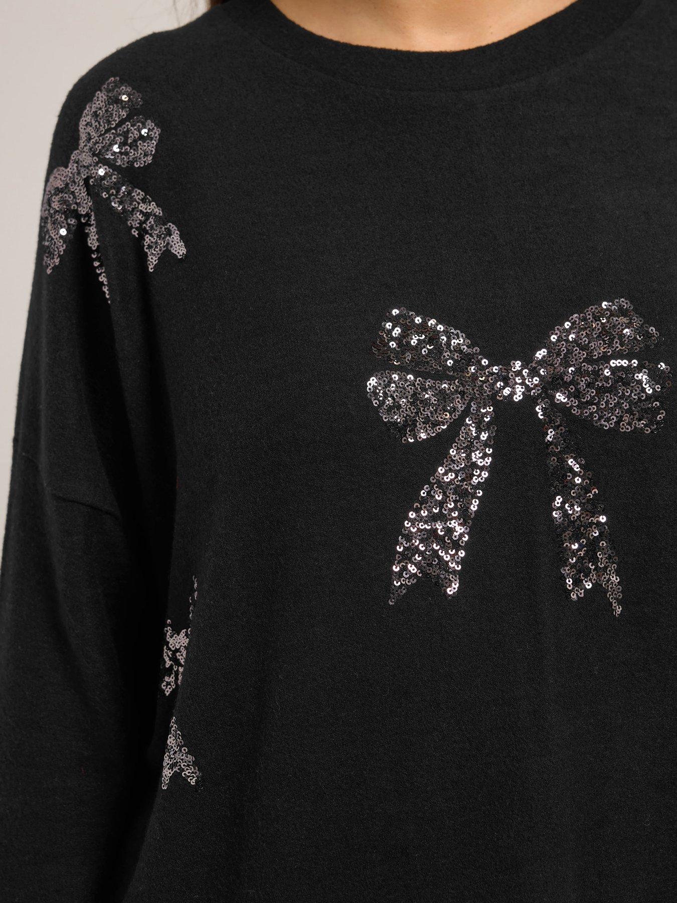 Image 4 of 4 of Yours Curve Bow Sequin Jumper - Black