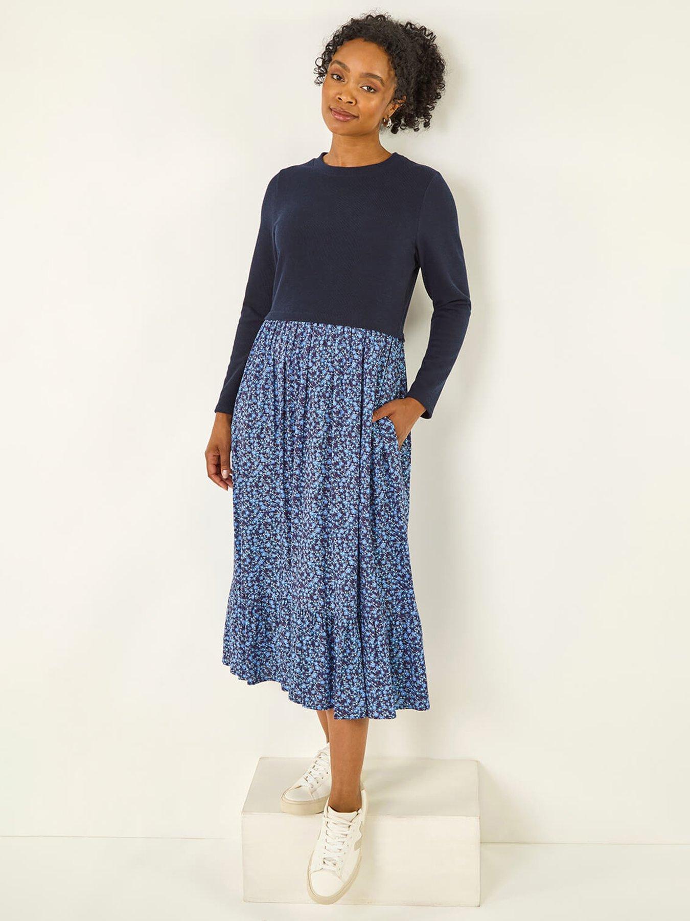undefined Petite Contrast Tiered Midi Dress - Navy