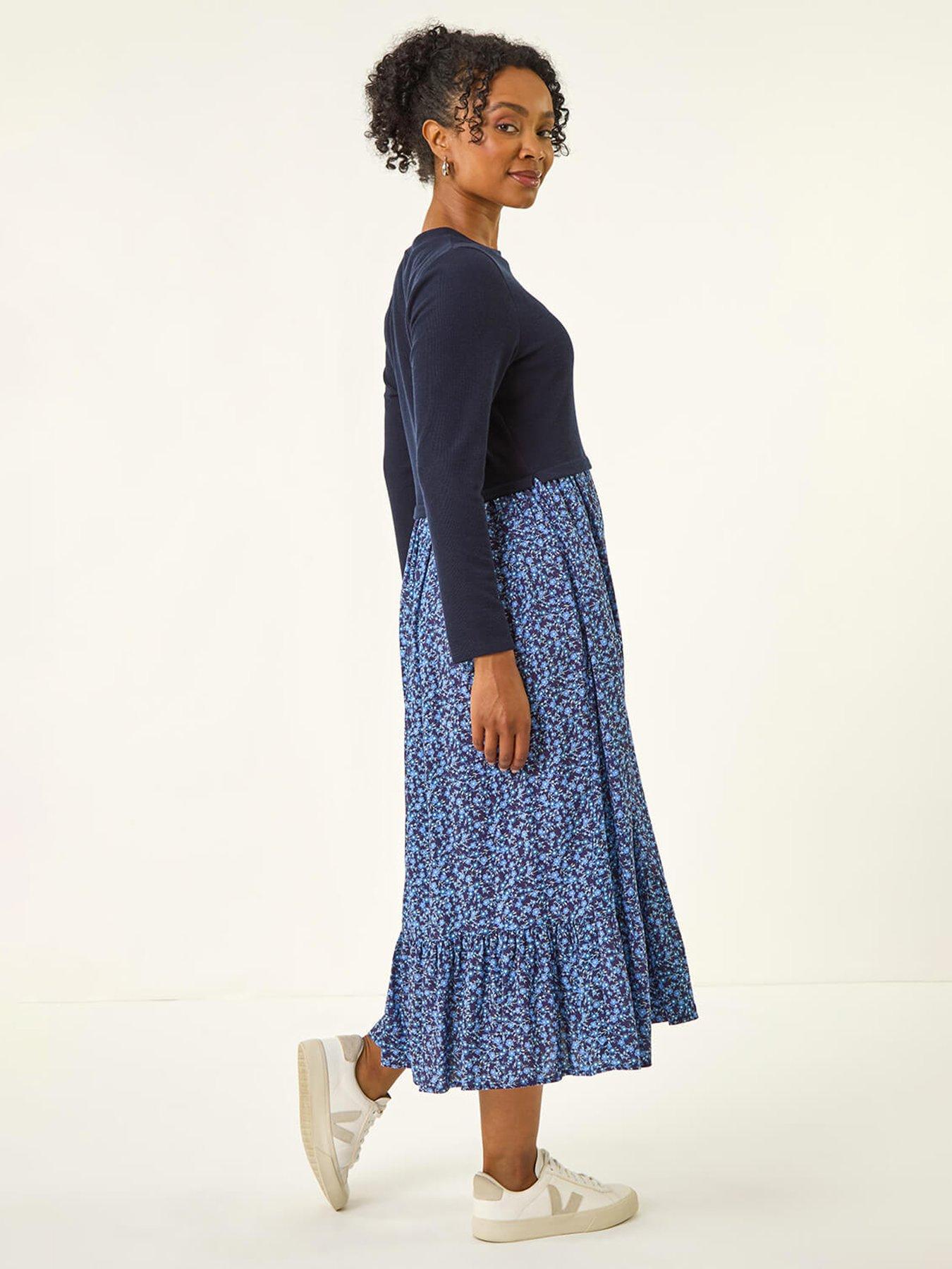 Image 2 of 5 of Roman Petite Contrast Tiered Midi Dress - Navy
