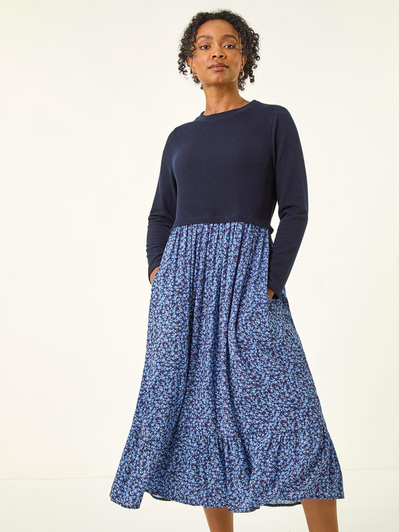 Image 3 of 5 of Roman Petite Contrast Tiered Midi Dress - Navy