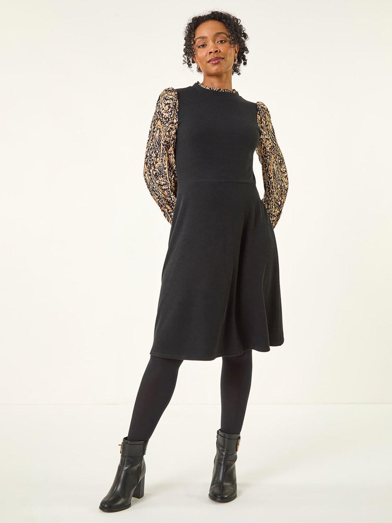 roman-petite-contrast-frill-stretch-dress-black