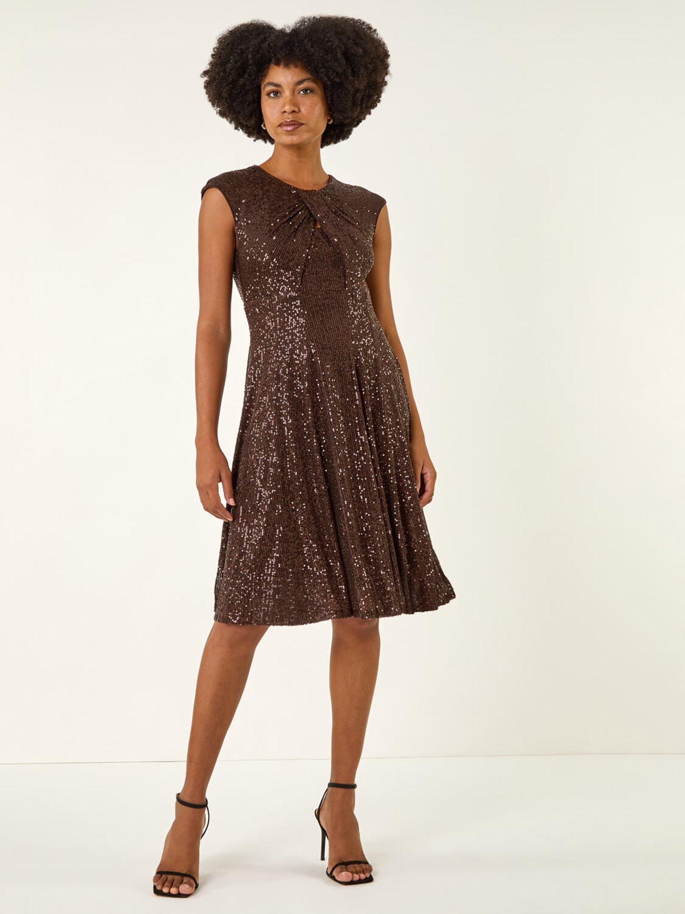 undefined Sequin Twist Front Stretch Dress - Brown