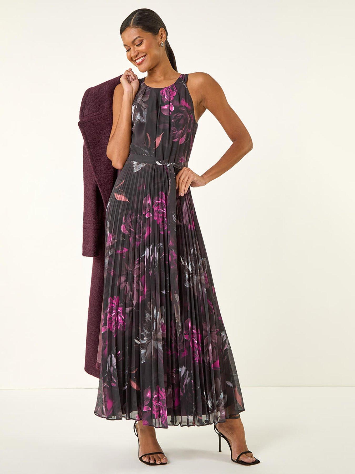 Image 1 of 5 of Roman Floral Pleated Halter Neck Maxi Dress - Black