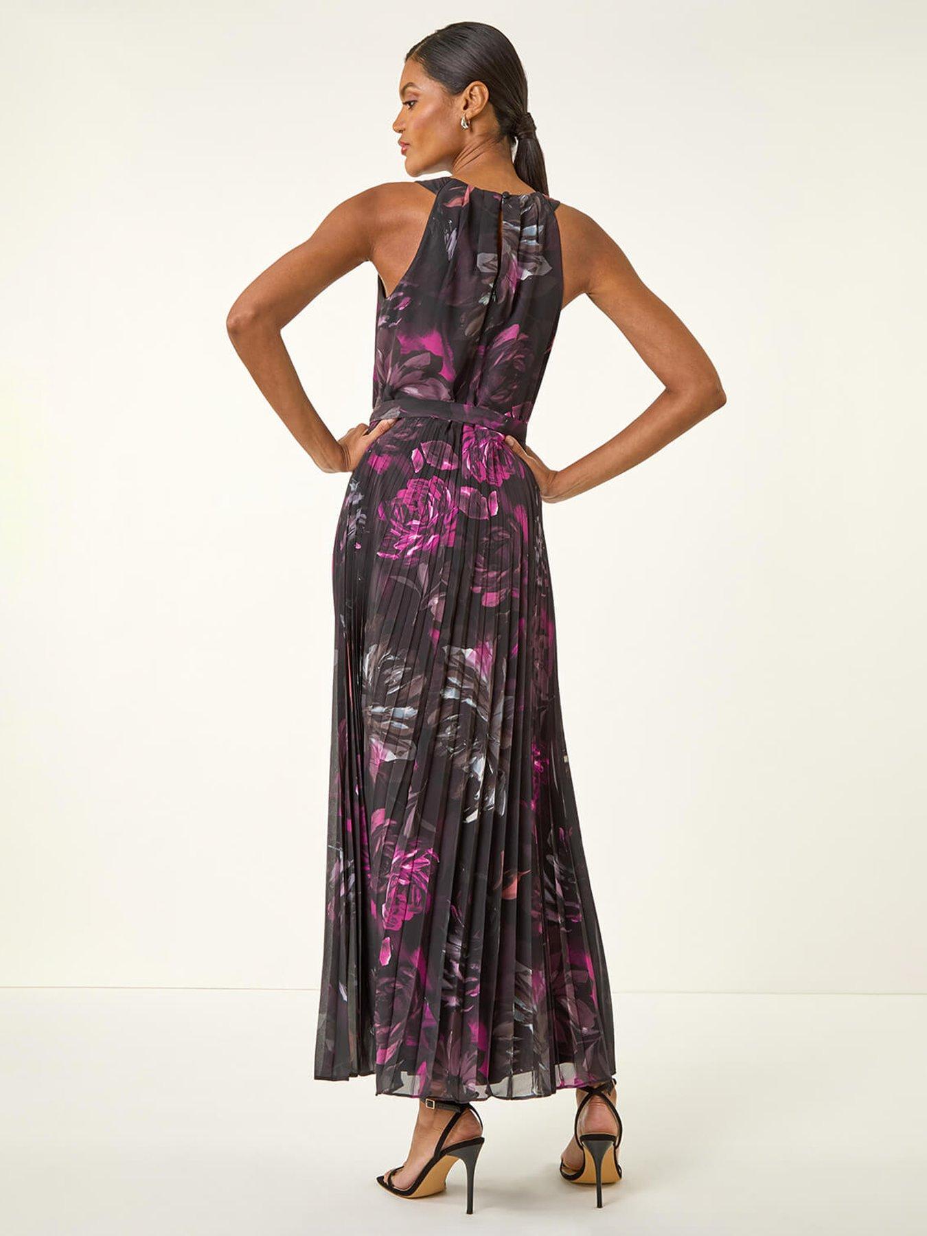 Image 2 of 5 of Roman Floral Pleated Halter Neck Maxi Dress - Black