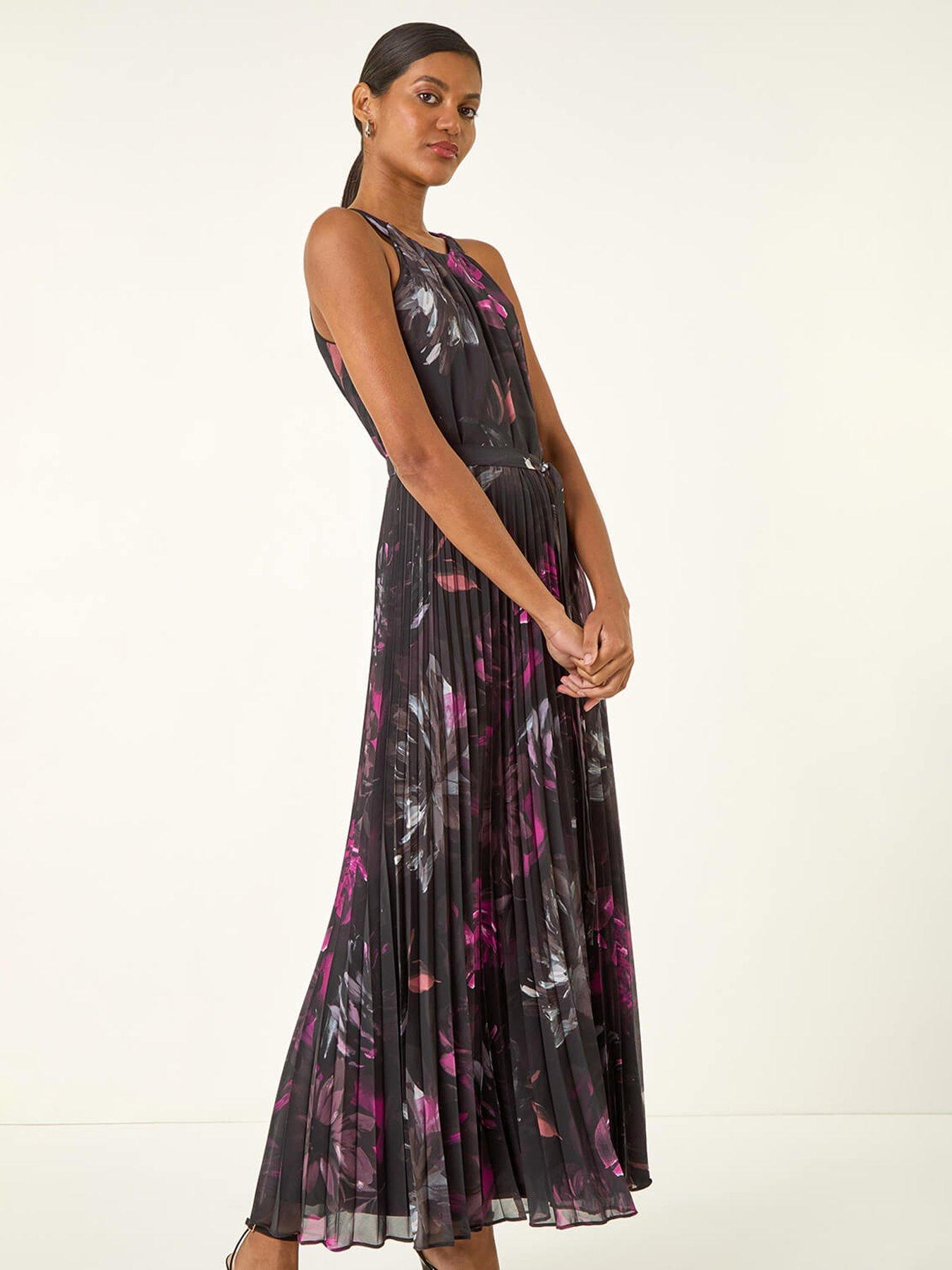 Image 3 of 5 of Roman Floral Pleated Halter Neck Maxi Dress - Black