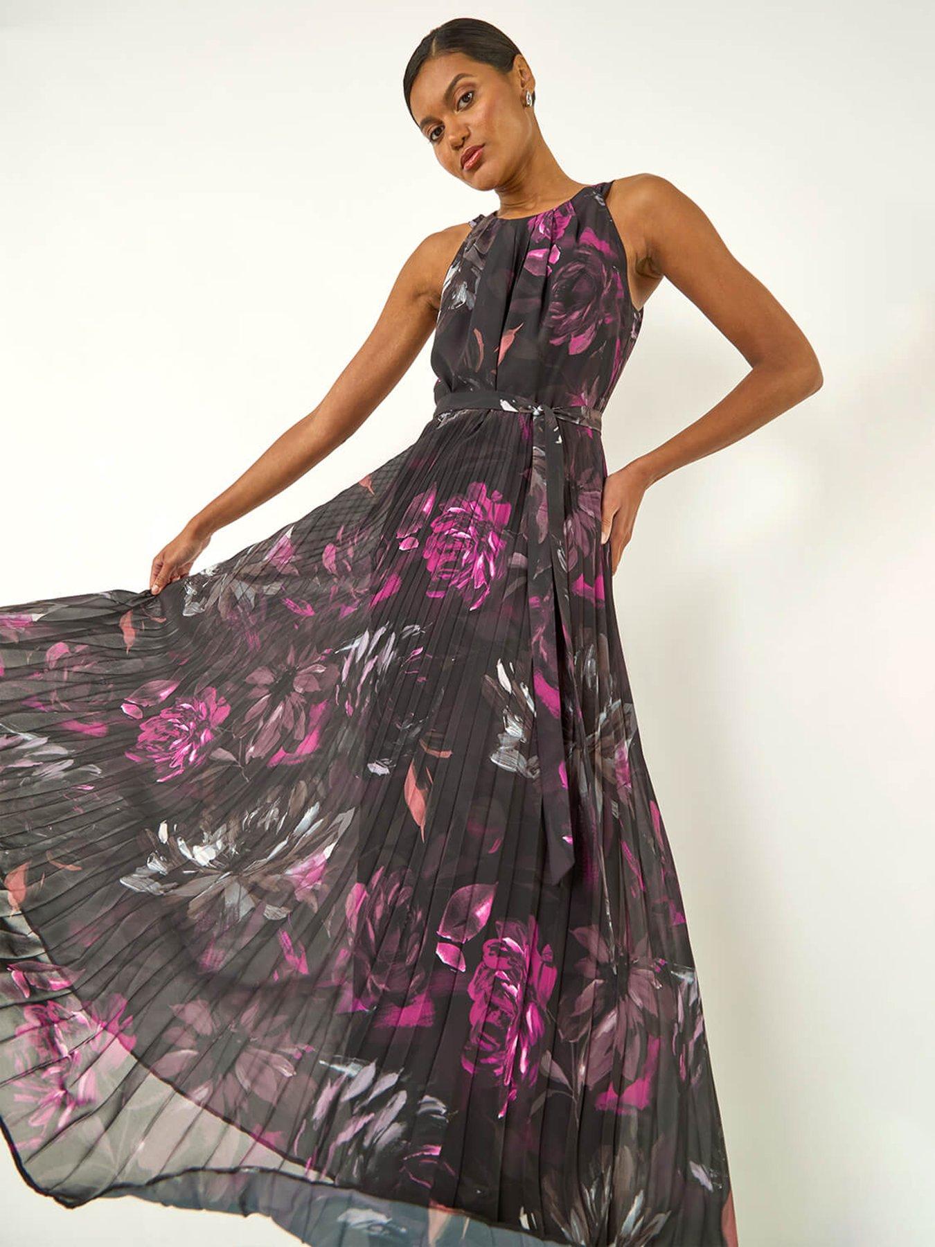 Image 4 of 5 of Roman Floral Pleated Halter Neck Maxi Dress - Black