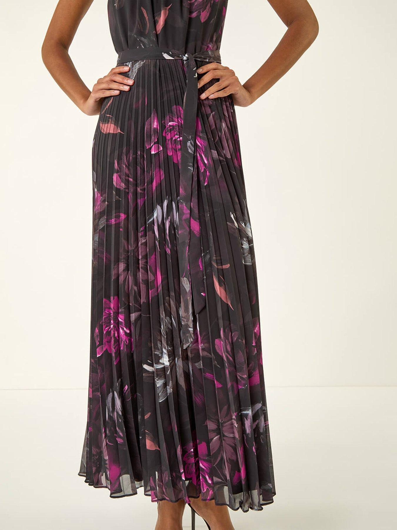 Image 5 of 5 of Roman Floral Pleated Halter Neck Maxi Dress - Black