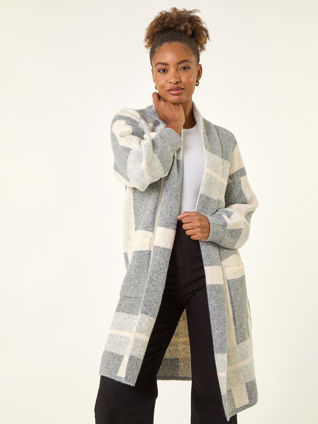 undefined Check Longline Pocket Cardigan - Grey