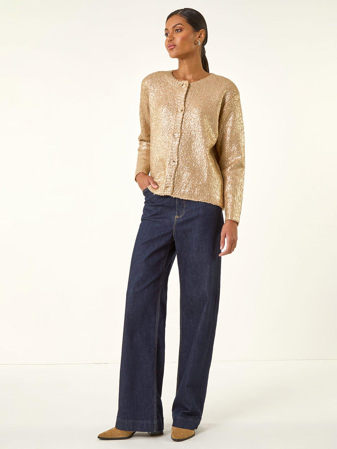 Image 3 of 5 of Roman Metallic Knit Cardigan - Gold