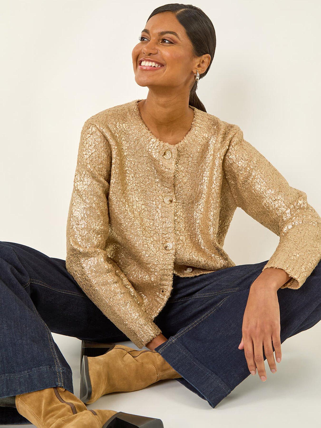 Image 4 of 5 of Roman Metallic Knit Cardigan - Gold