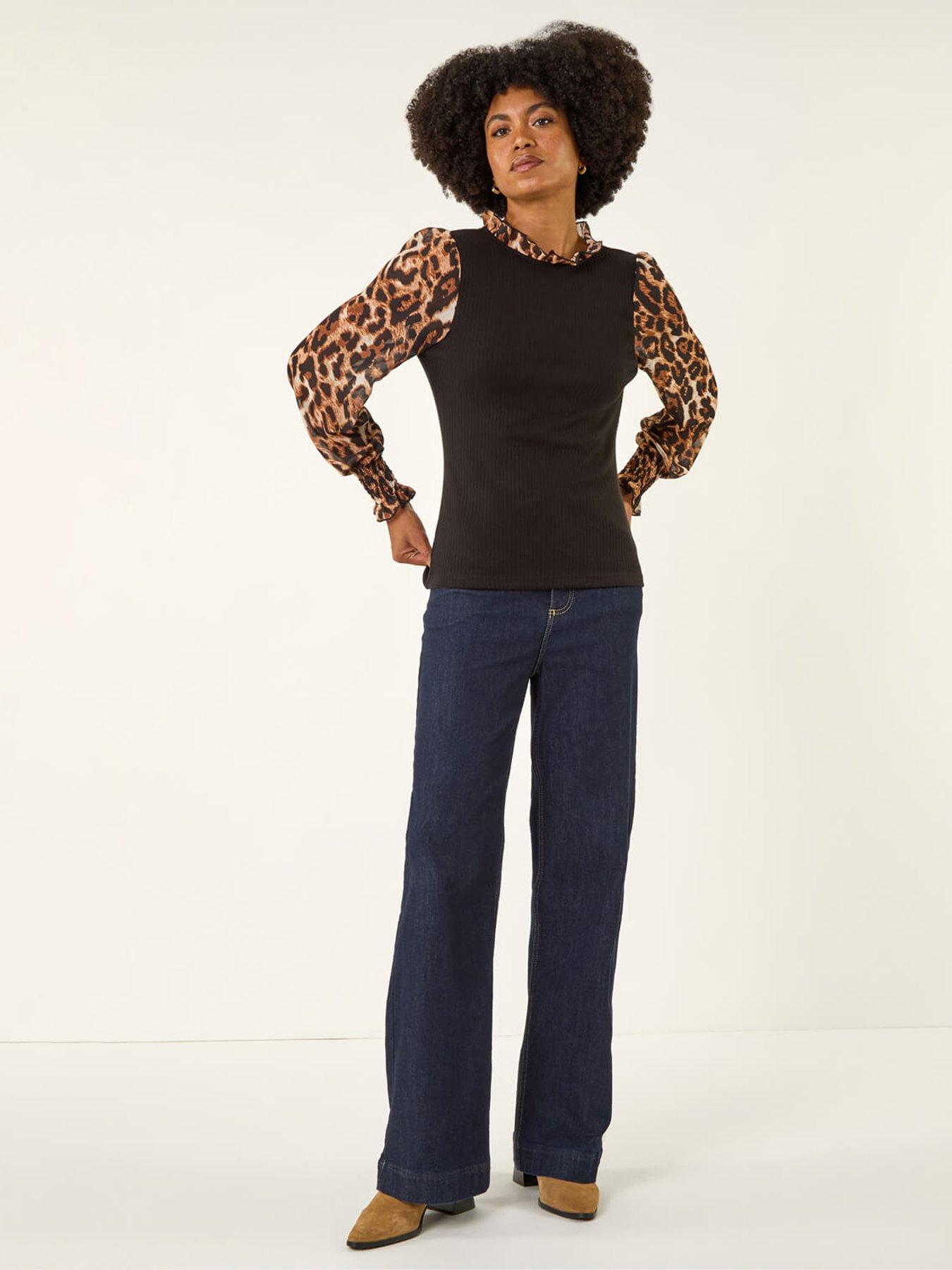 Roman Animal Print Sleeve Stretch Top - Black