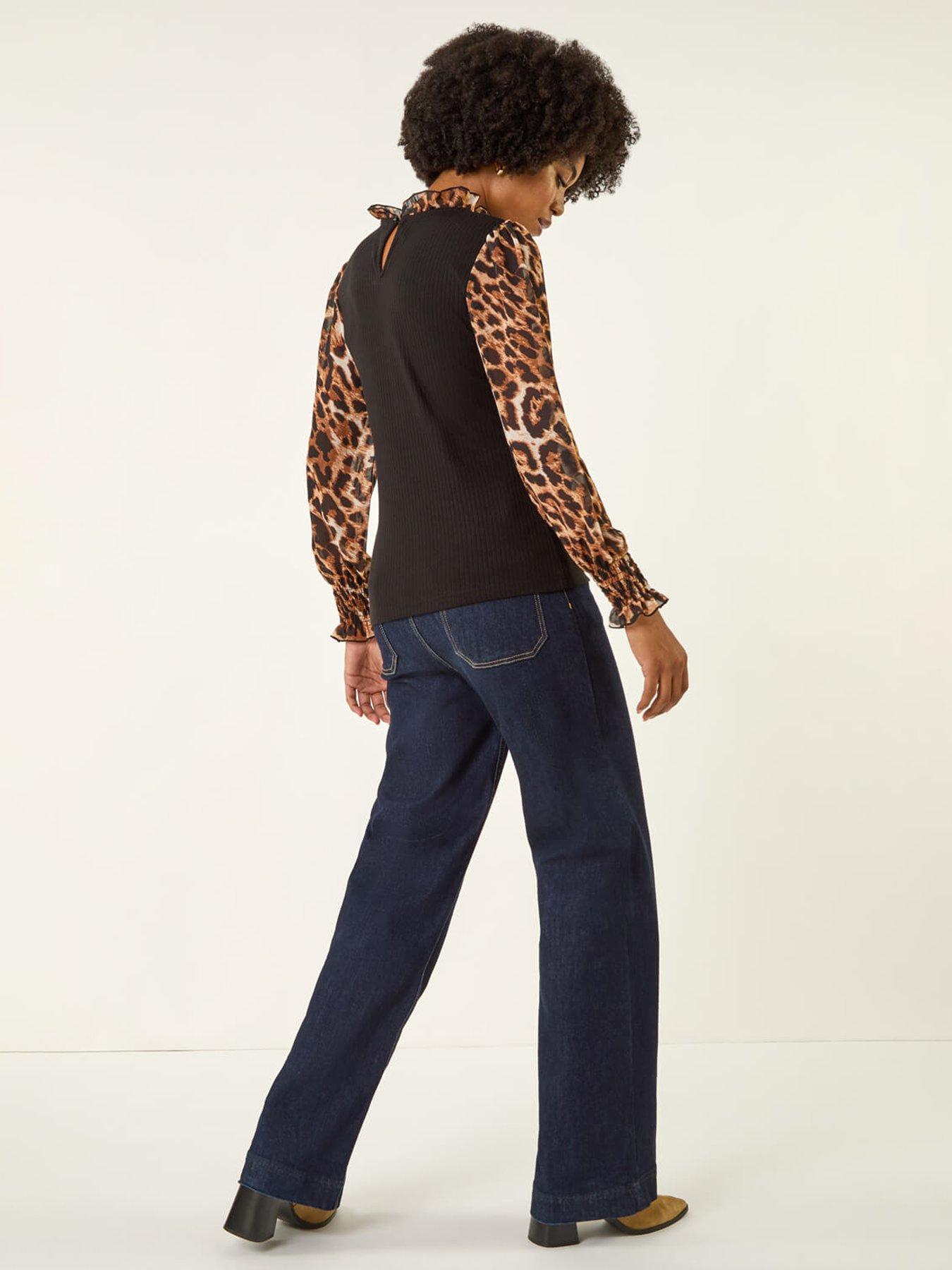 Image 2 of 5 of Roman Animal Print Sleeve Stretch Top - Black